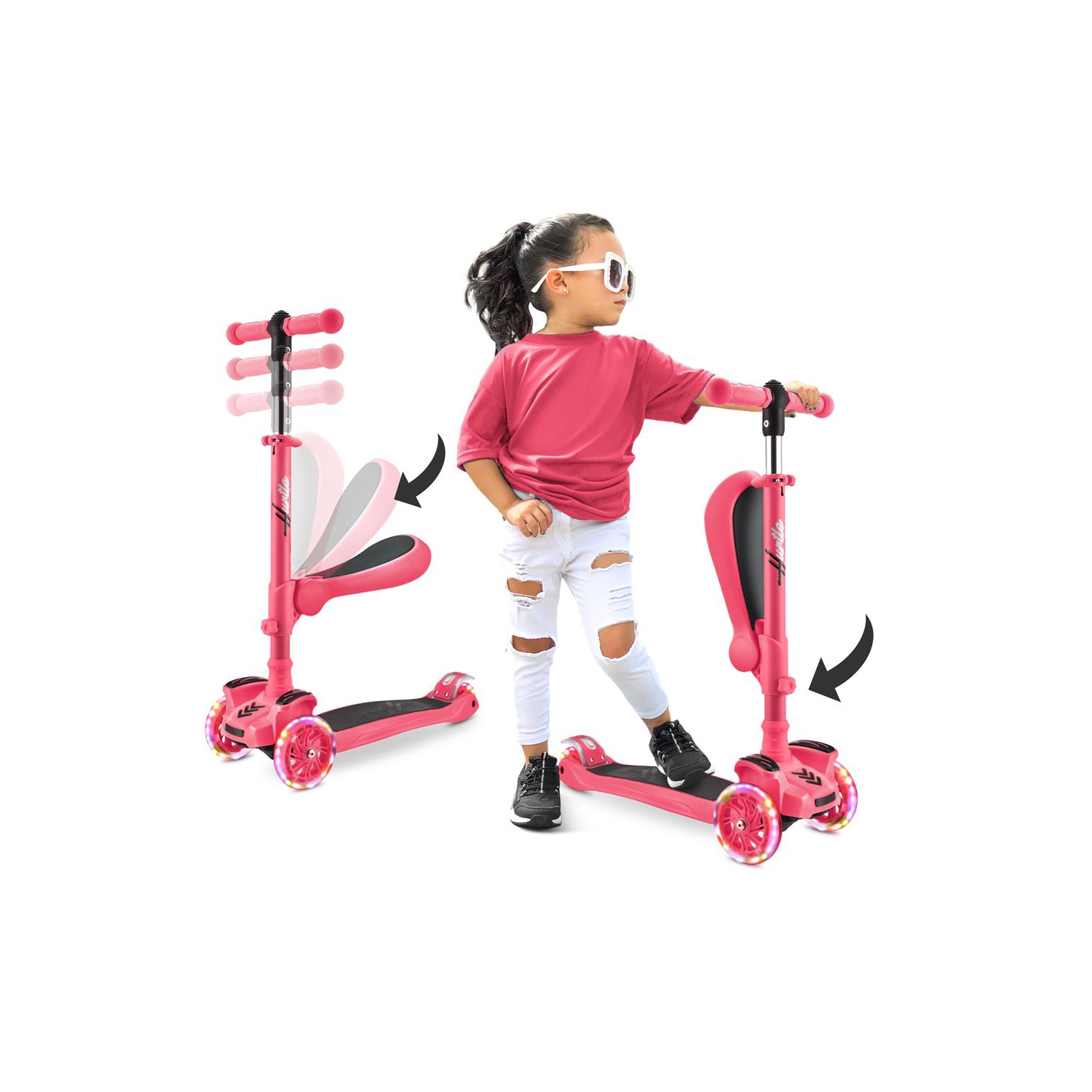 ScootKid 3-Wheel Kids Scooter - Child & Toddler Toy Scooter with Built-in LED Wheel Lights, Fold-Out Comfort Seat (Watermelon)