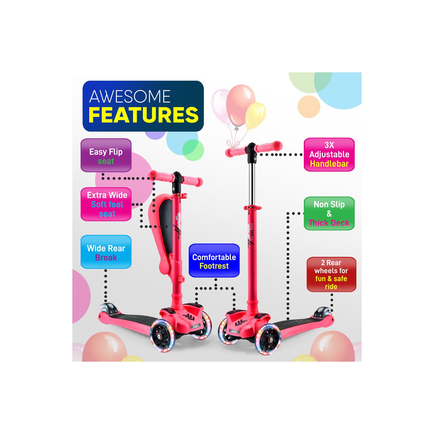 ScootKid 3-Wheel Kids Scooter - Child & Toddler Toy Scooter with Built-in LED Wheel Lights, Fold-Out Comfort Seat (Watermelon)