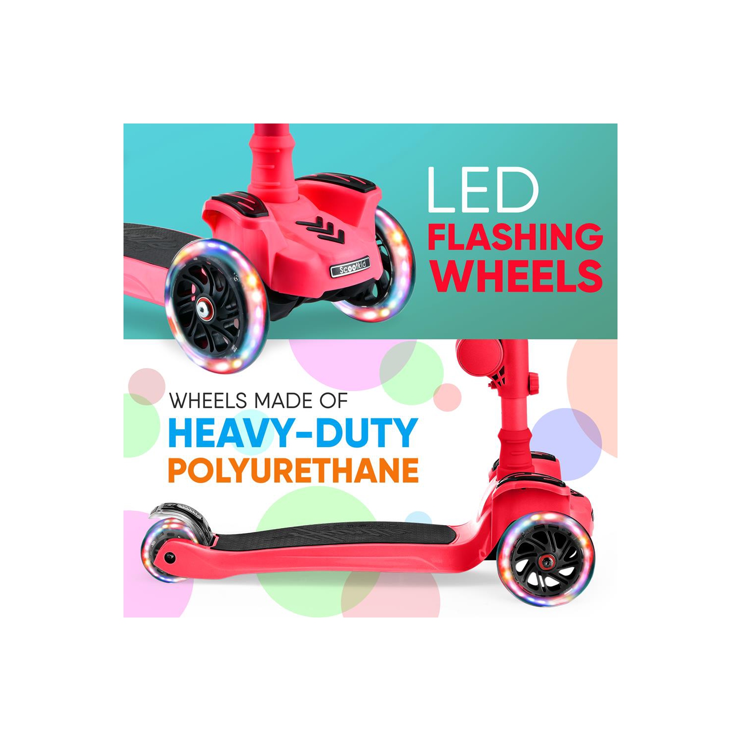 ScootKid 3-Wheel Kids Scooter - Child & Toddler Toy Scooter with Built-in LED Wheel Lights, Fold-Out Comfort Seat (Watermelon)