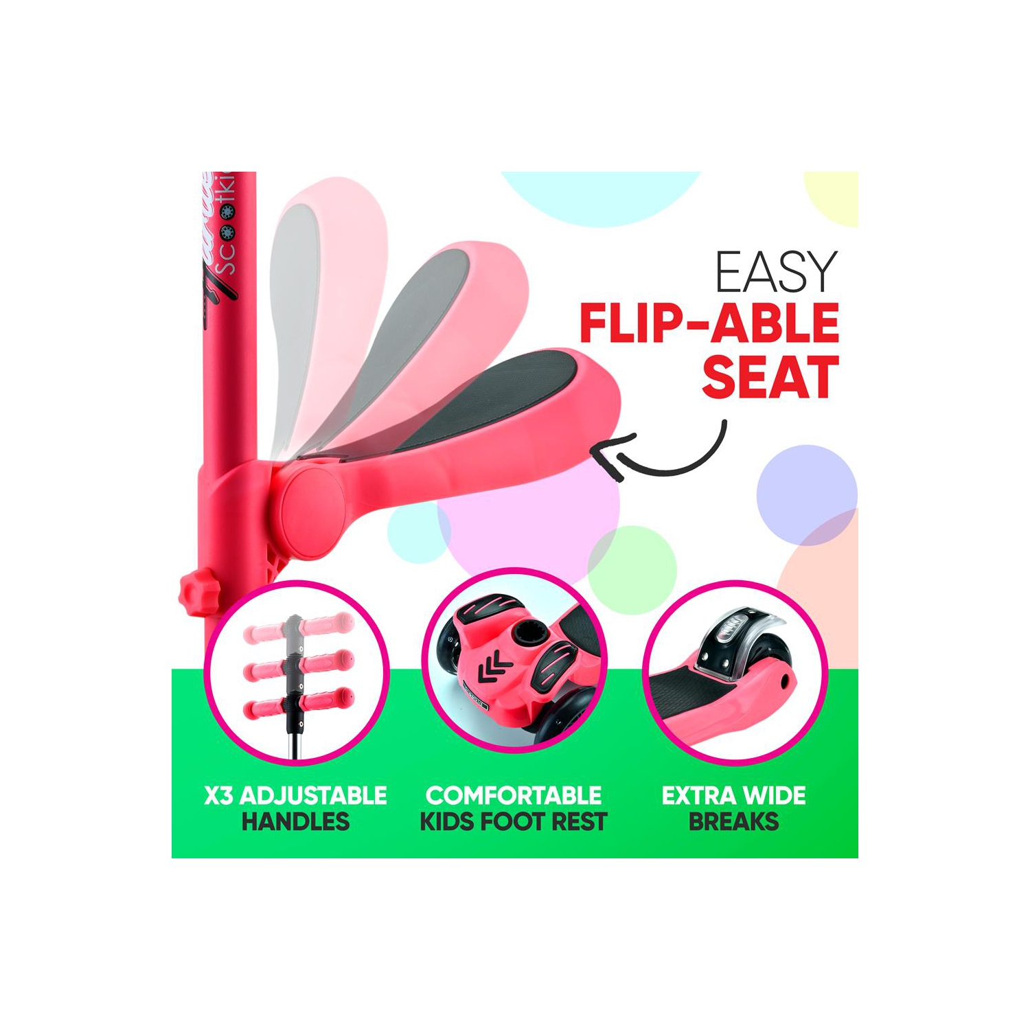 ScootKid 3-Wheel Kids Scooter - Child & Toddler Toy Scooter with Built-in LED Wheel Lights, Fold-Out Comfort Seat (Watermelon)