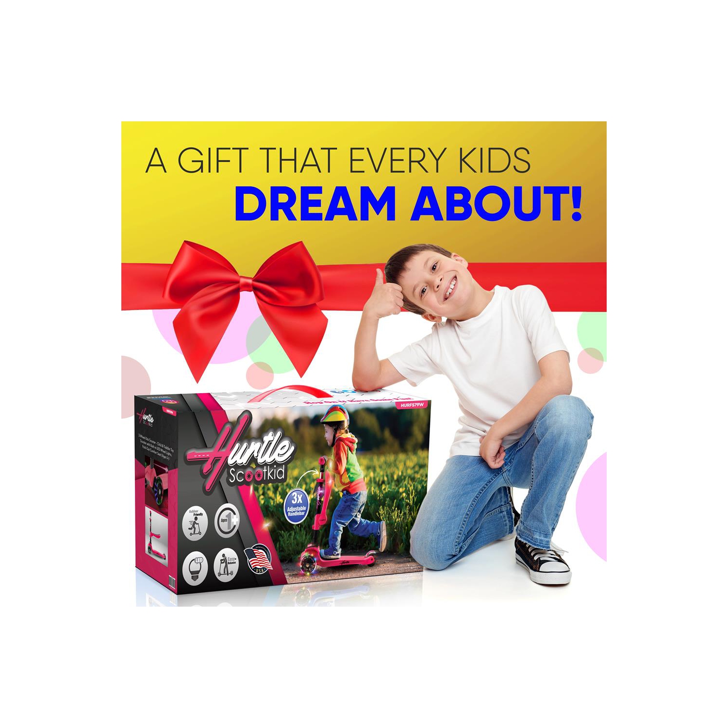 ScootKid 3-Wheel Kids Scooter - Child & Toddler Toy Scooter with Built-in LED Wheel Lights, Fold-Out Comfort Seat (Watermelon)