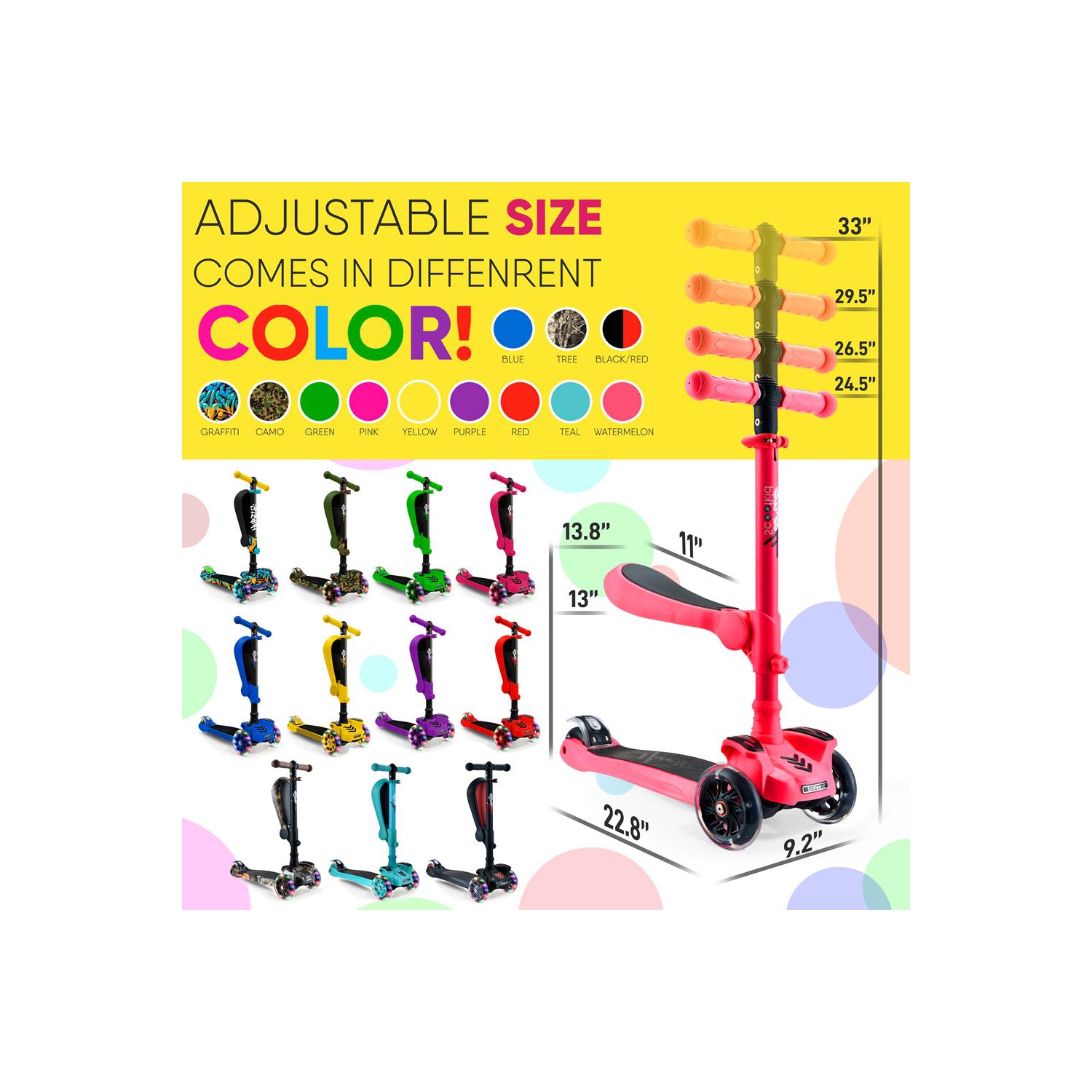 ScootKid 3-Wheel Kids Scooter - Child & Toddler Toy Scooter with Built-in LED Wheel Lights, Fold-Out Comfort Seat (Watermelon)