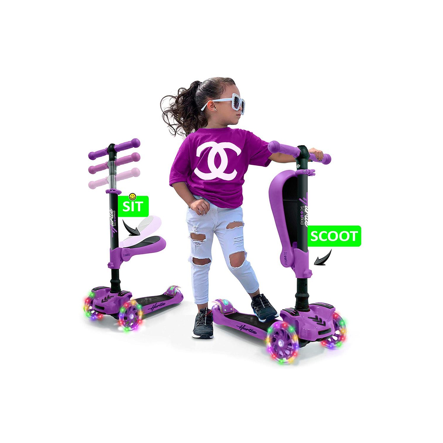 ScootKid 3-Wheel Kids Scooter - Child & Toddler Toy Scooter with Built-in LED Wheel Lights, Fold-Out Comfort Seat (Purple)