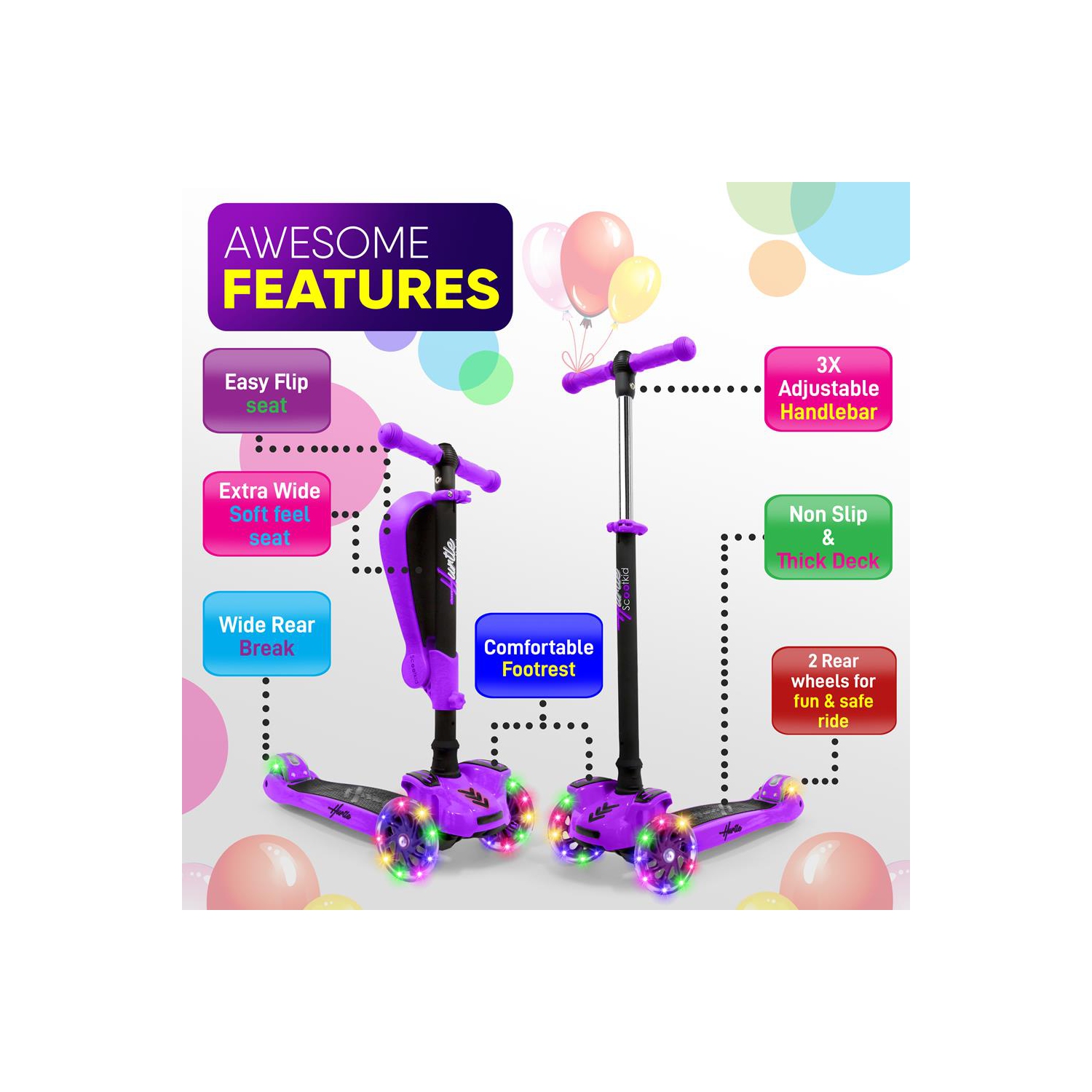 ScootKid 3-Wheel Kids Scooter - Child & Toddler Toy Scooter with Built-in LED Wheel Lights, Fold-Out Comfort Seat (Purple)