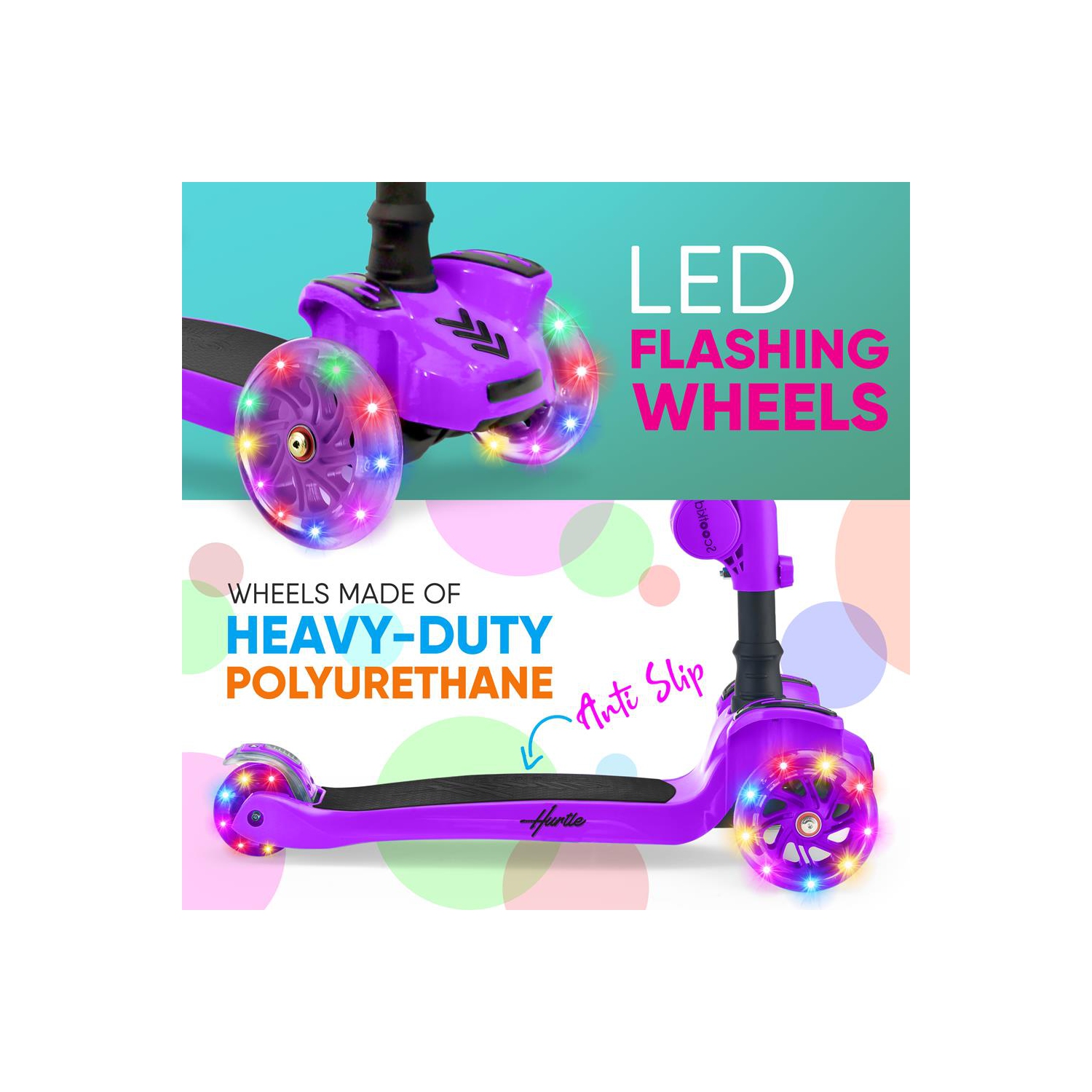 ScootKid 3-Wheel Kids Scooter - Child & Toddler Toy Scooter with Built-in LED Wheel Lights, Fold-Out Comfort Seat (Purple)