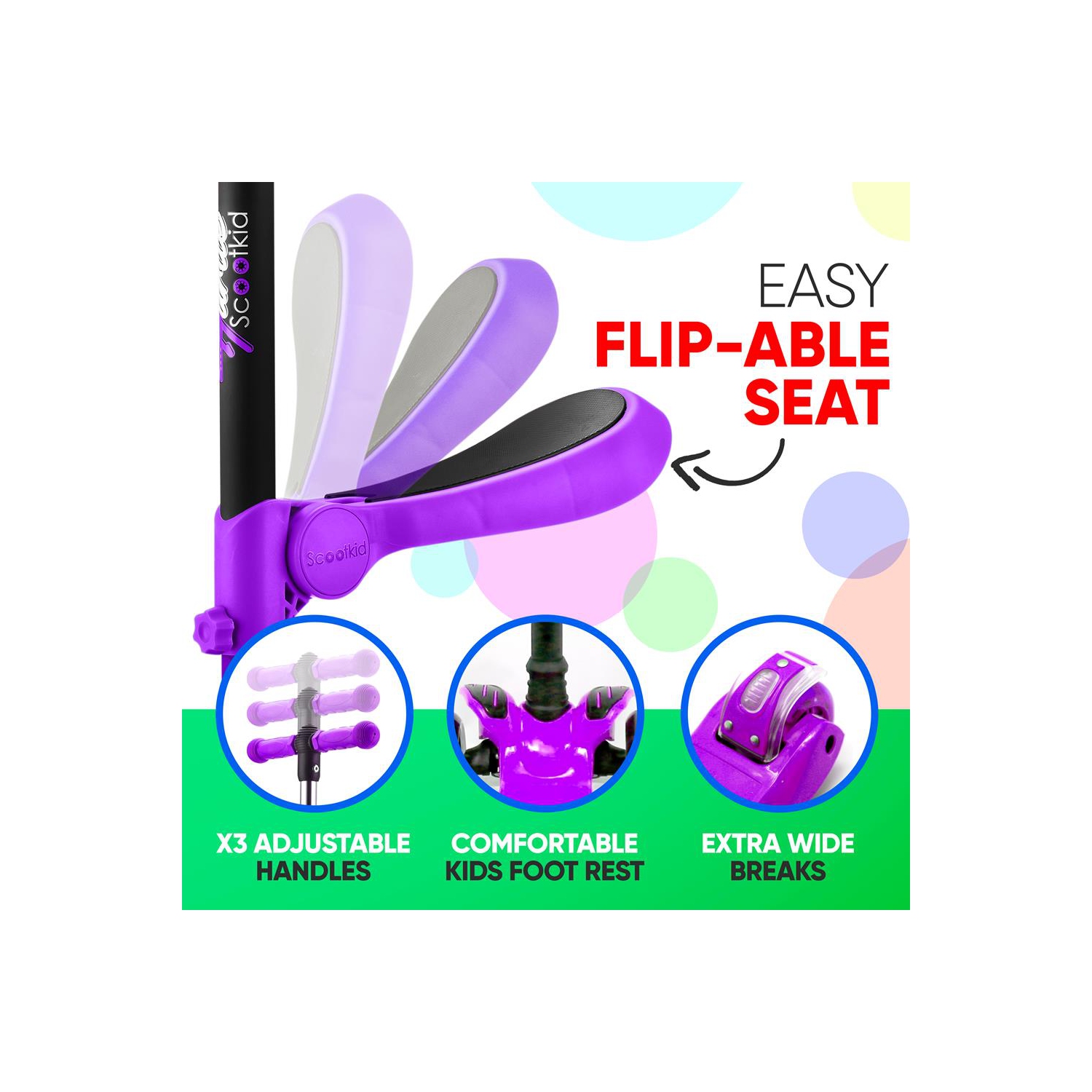 ScootKid 3-Wheel Kids Scooter - Child & Toddler Toy Scooter with Built-in LED Wheel Lights, Fold-Out Comfort Seat (Purple)