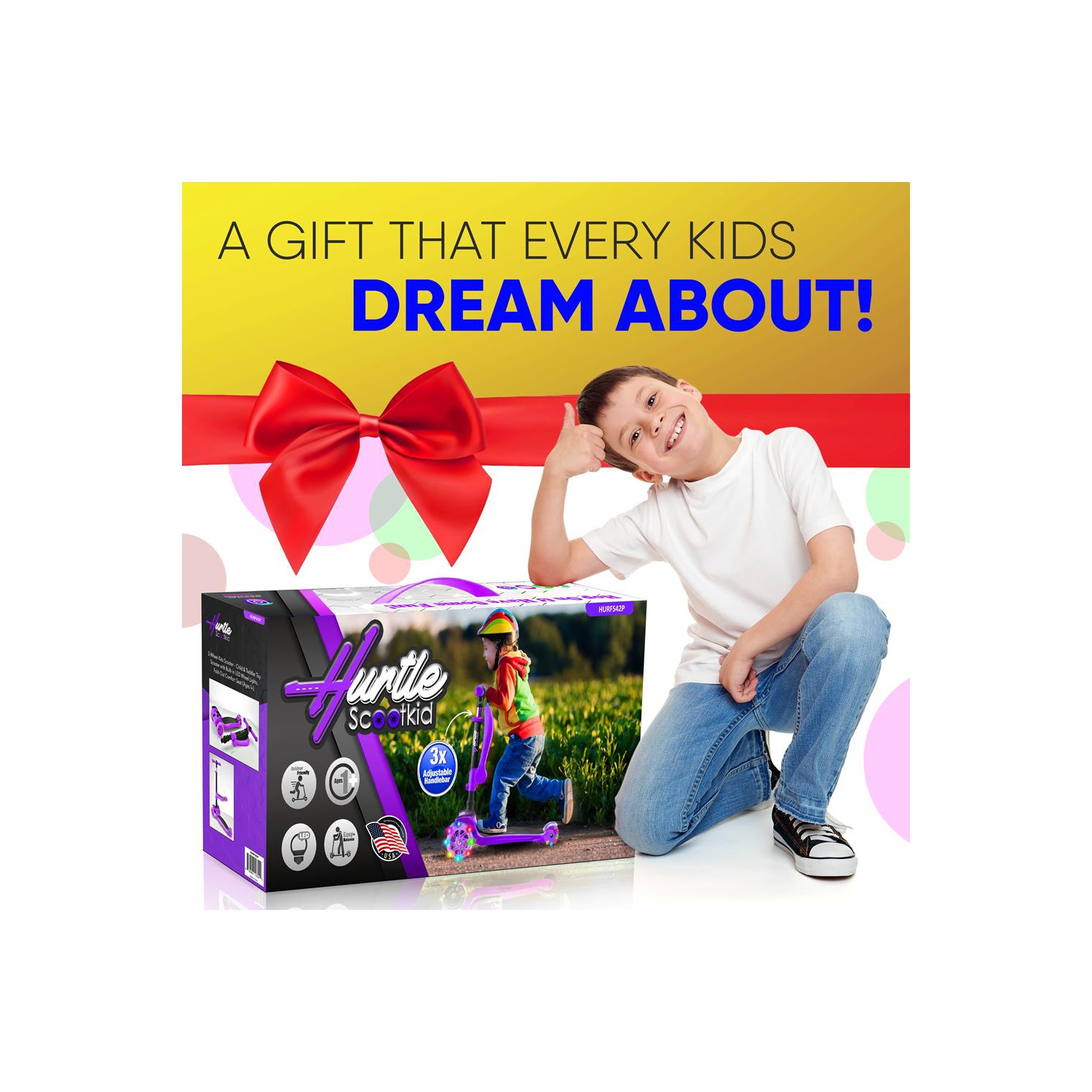 ScootKid 3-Wheel Kids Scooter - Child & Toddler Toy Scooter with Built-in LED Wheel Lights, Fold-Out Comfort Seat (Purple)