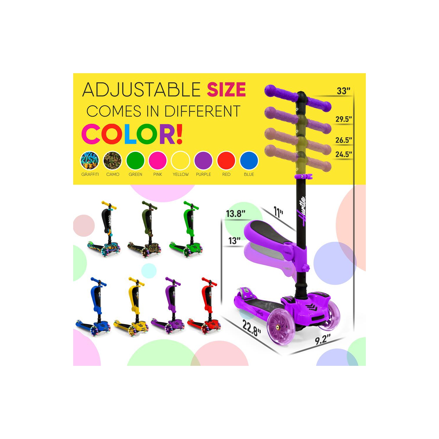 ScootKid 3-Wheel Kids Scooter - Child & Toddler Toy Scooter with Built-in LED Wheel Lights, Fold-Out Comfort Seat (Purple)