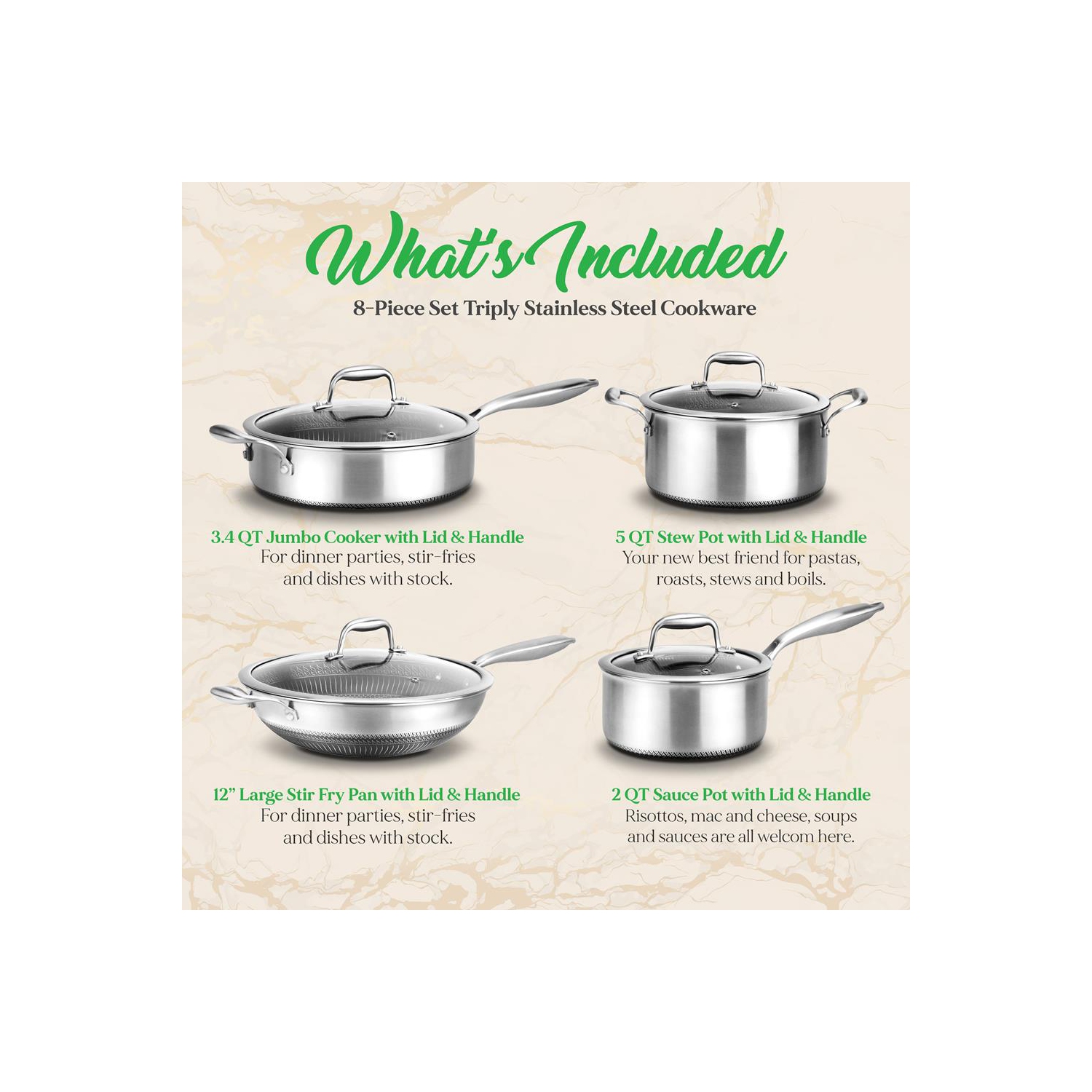 Kitchenware Pots & Pans Set - Triply Stainless Steel Cookware, Non-Stick Coating Inside and Outside