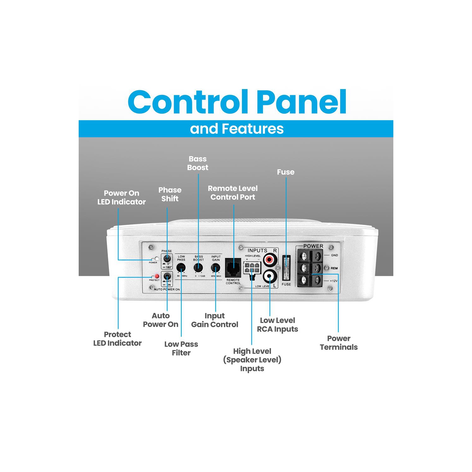 Système de haut-parleur d’extrêmes graves actif et étanche à faible profil de 8 po et 600 W, adapté aux installations sous le siège