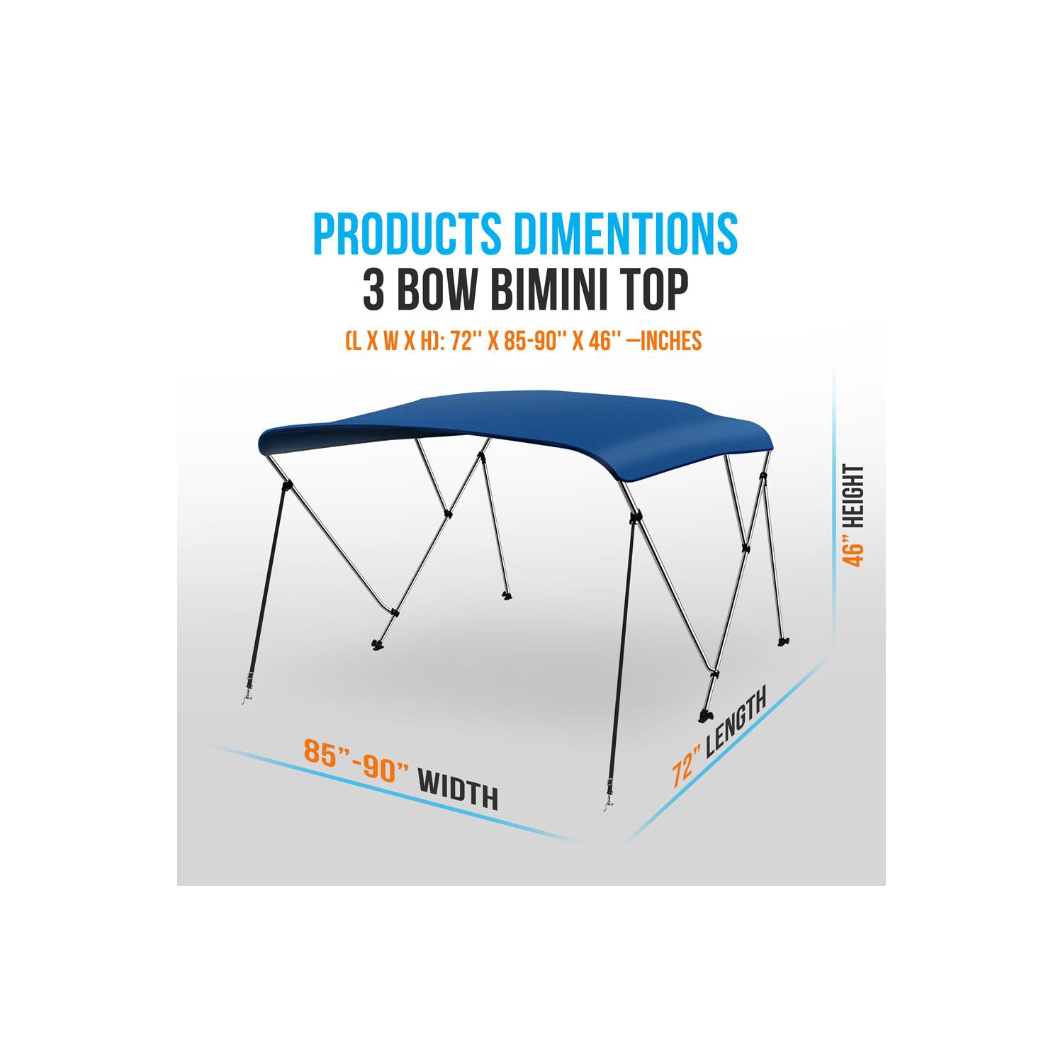 3 Bow Bimini Top - 2 Straps and 2 Rear Support Poles with Marine-Grade 600D Polyester Canvas