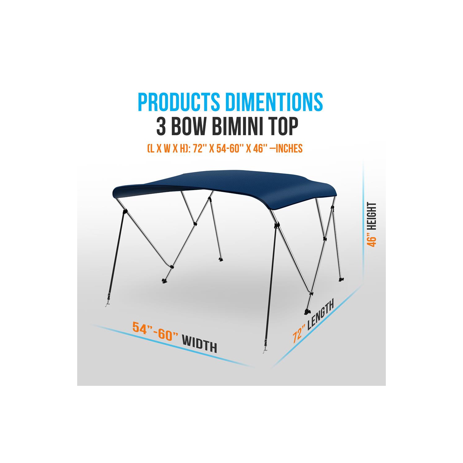3 Bow Bimini Top - 2 Straps and 2 Rear Support Poles with Marine-Grade 600D Polyester Canvas