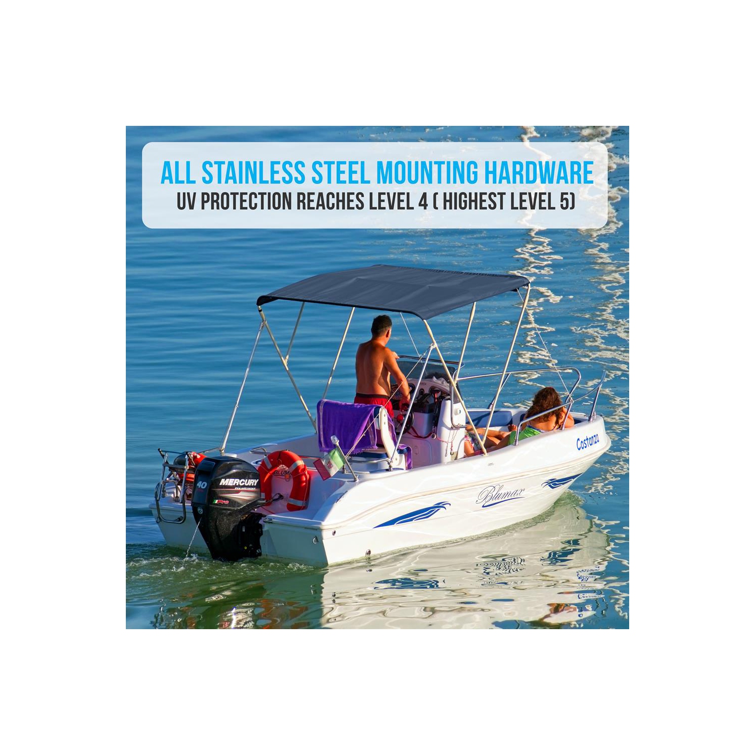 3 Bow Bimini Top - 2 Straps and 2 Rear Support Poles with Marine-Grade 600D Polyester Canvas
