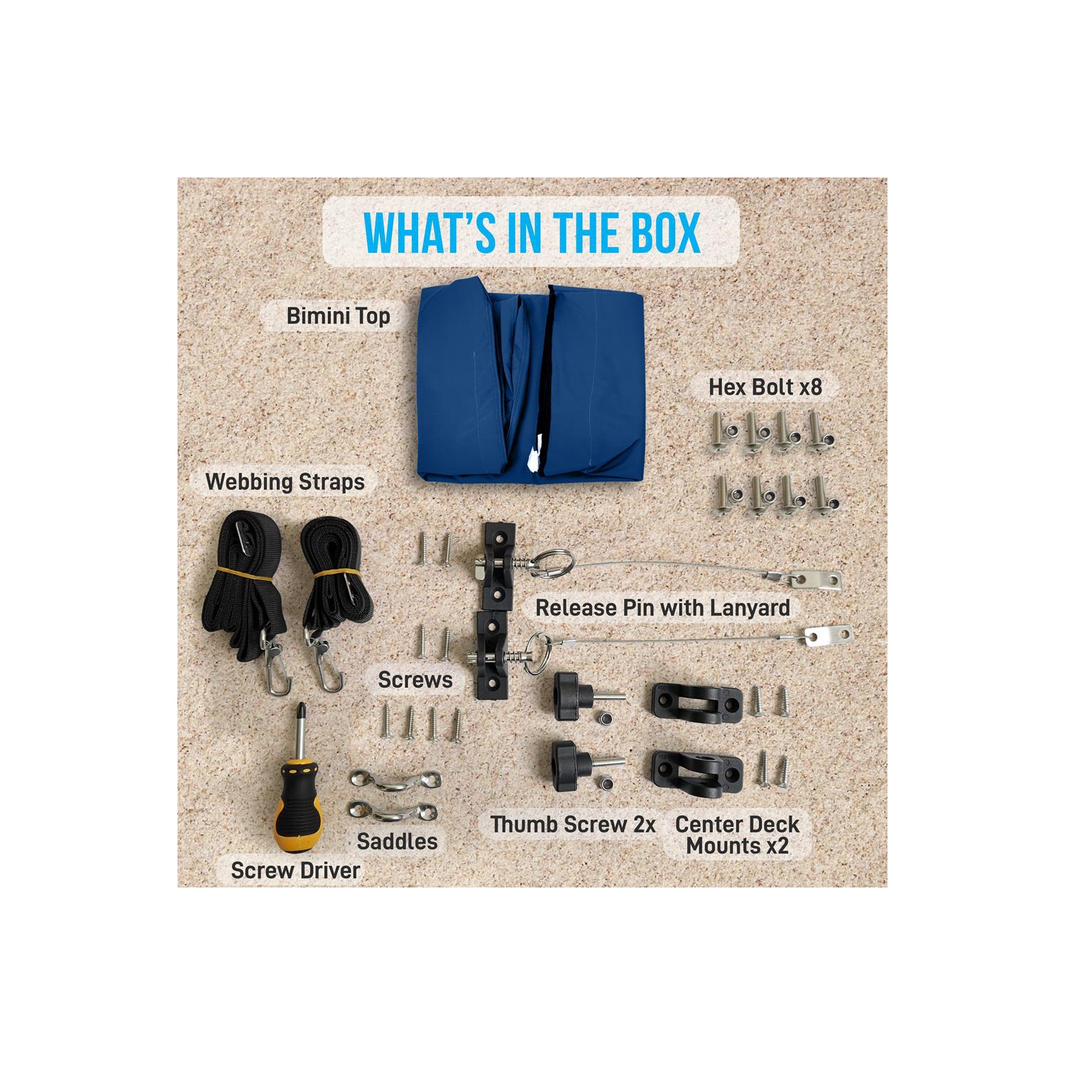 3 Bow Bimini Top - 2 Straps and 2 Rear Support Poles with Marine-Grade 600D Polyester Canvas