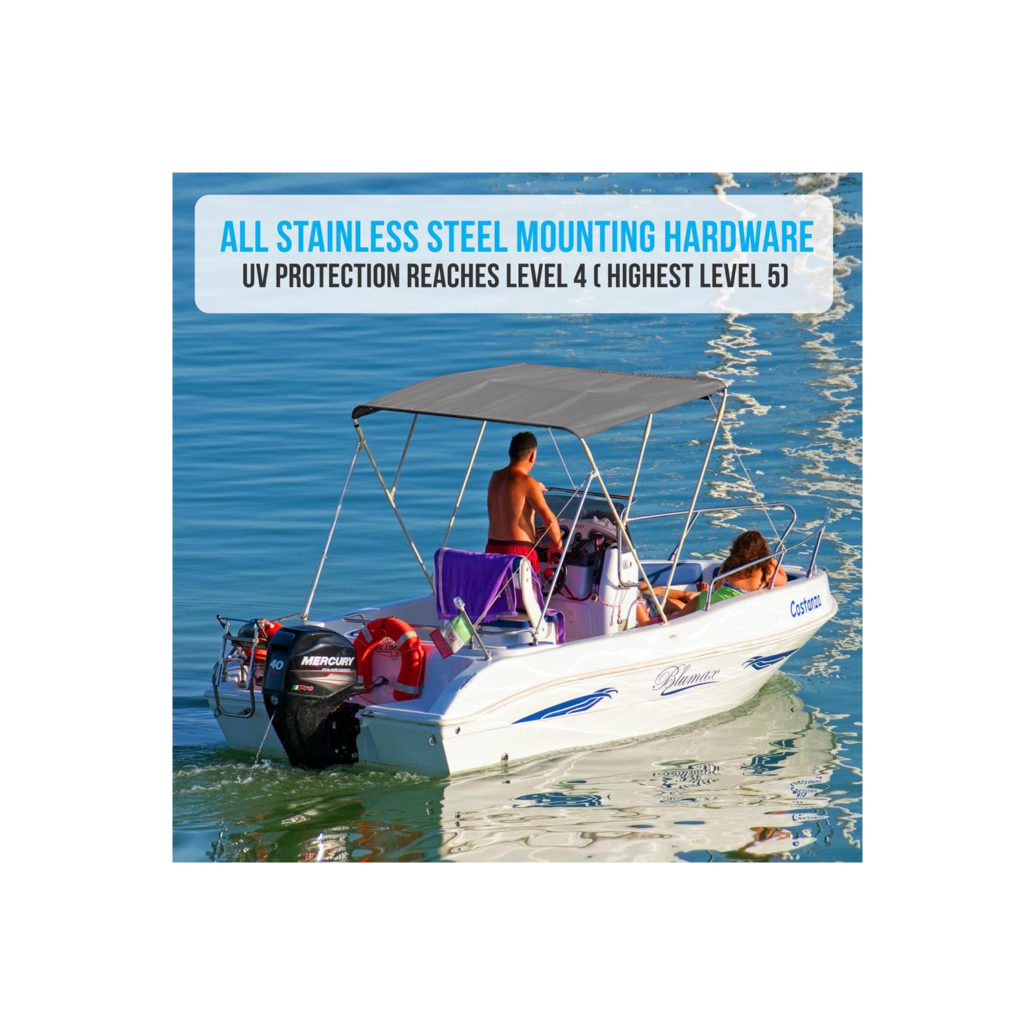 3 Bow Bimini Top - 2 Straps and 2 Rear Support Poles with Marine-Grade 600D Polyester Canvas