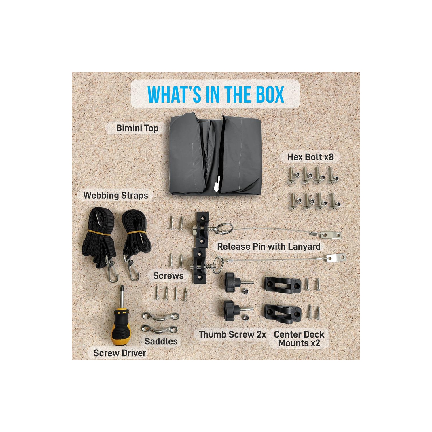 3 Bow Bimini Top - 2 Straps and 2 Rear Support Poles with Marine-Grade 600D Polyester Canvas