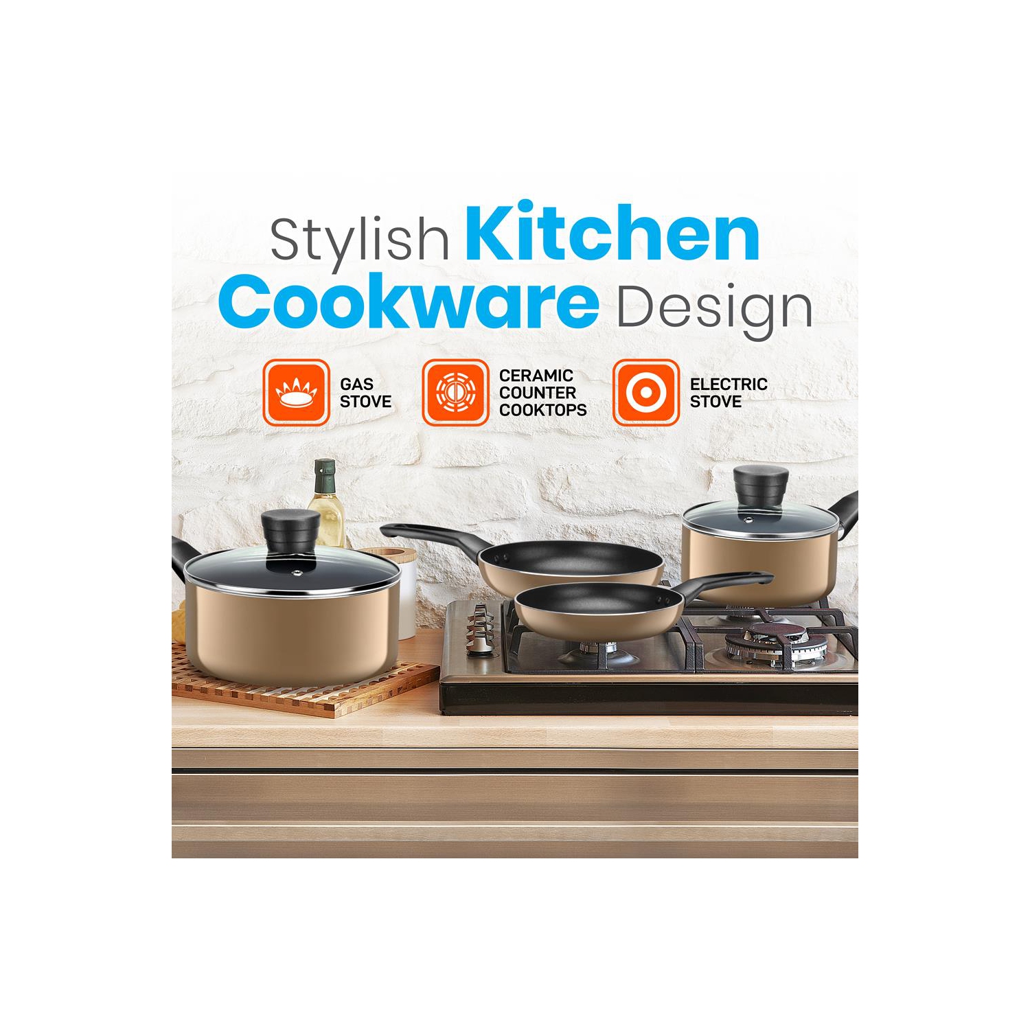 Kitchenware Pots & Pans Set – Basic Kitchen Cookware, Black Non-Stick Coating Inside, Heat Resistant Lacquer