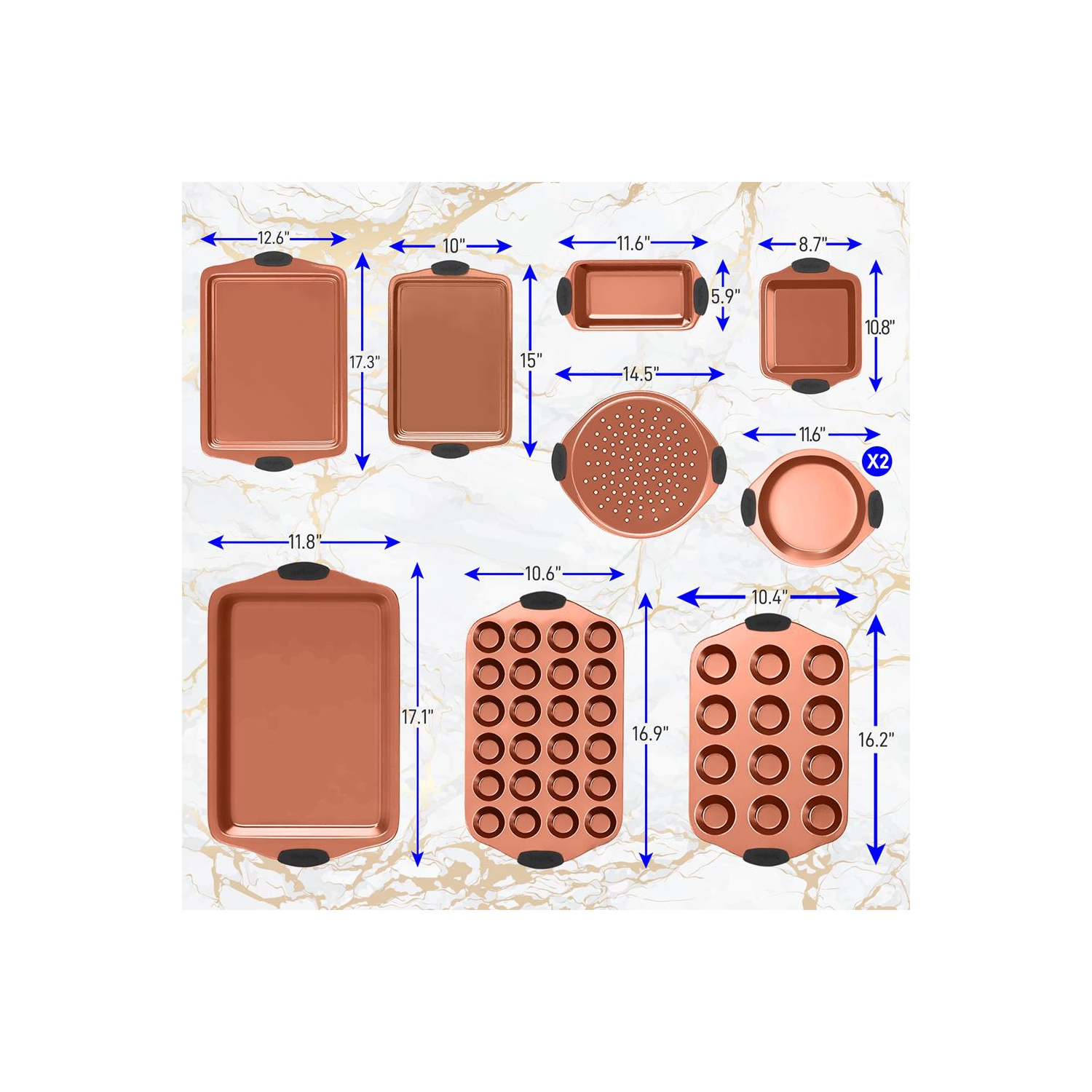 Flexible & Nonstick Carbon Steel Bakeware Set - Professional Home Kitchen Bake Pan Set With Blue Silicone Handles