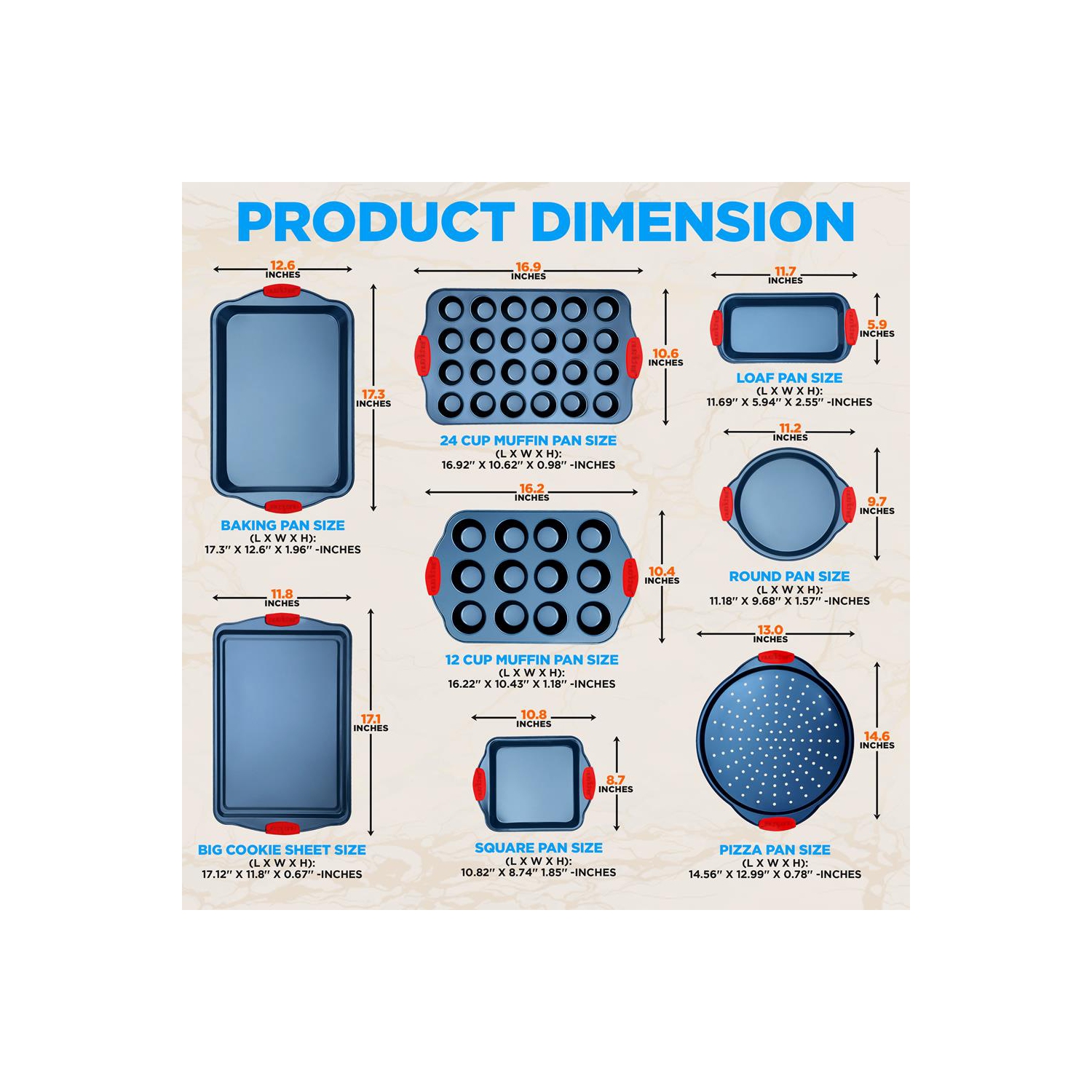 Moules de cuisson de four de cuisine - revêtement antiadhésif bleu de luxe à l'intérieur et à l'extérieur en acier au carbone avec poignées en