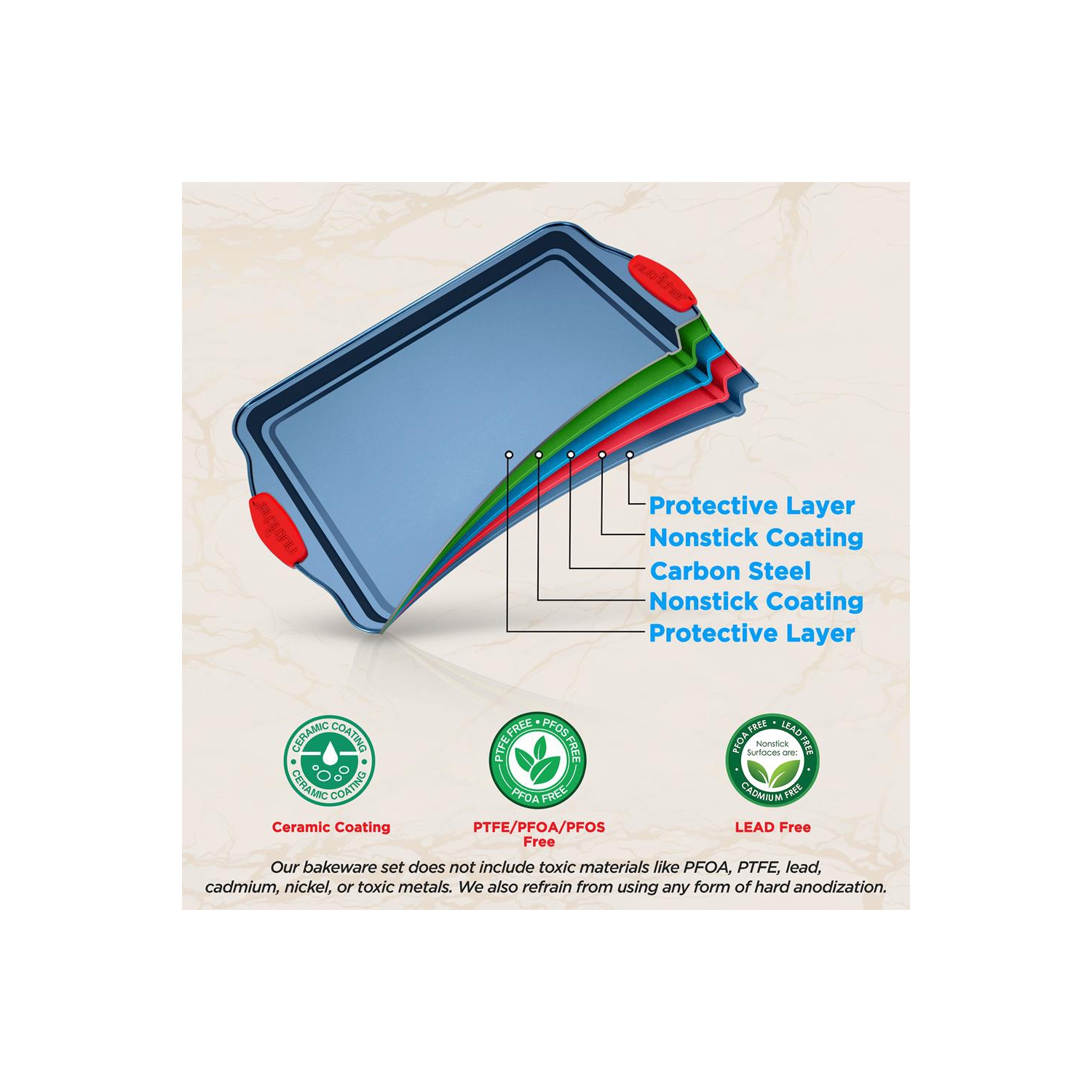 Moules de cuisson de four de cuisine - revêtement antiadhésif bleu de luxe à l'intérieur et à l'extérieur en acier au carbone avec poignées en