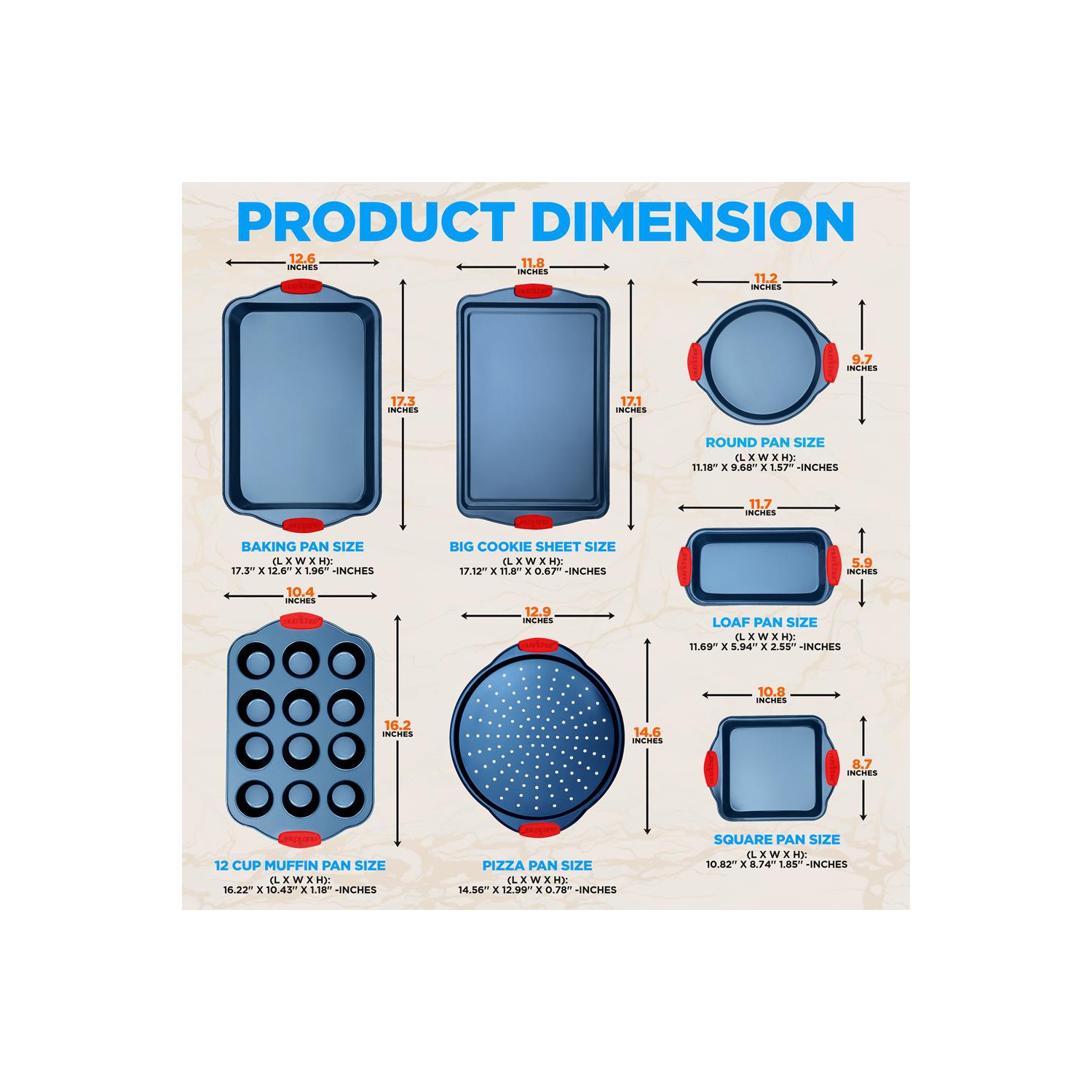 Moules de cuisson de four de cuisine - revêtement antiadhésif bleu de luxe à l'intérieur et à l'extérieur en acier au carbone avec poignées en