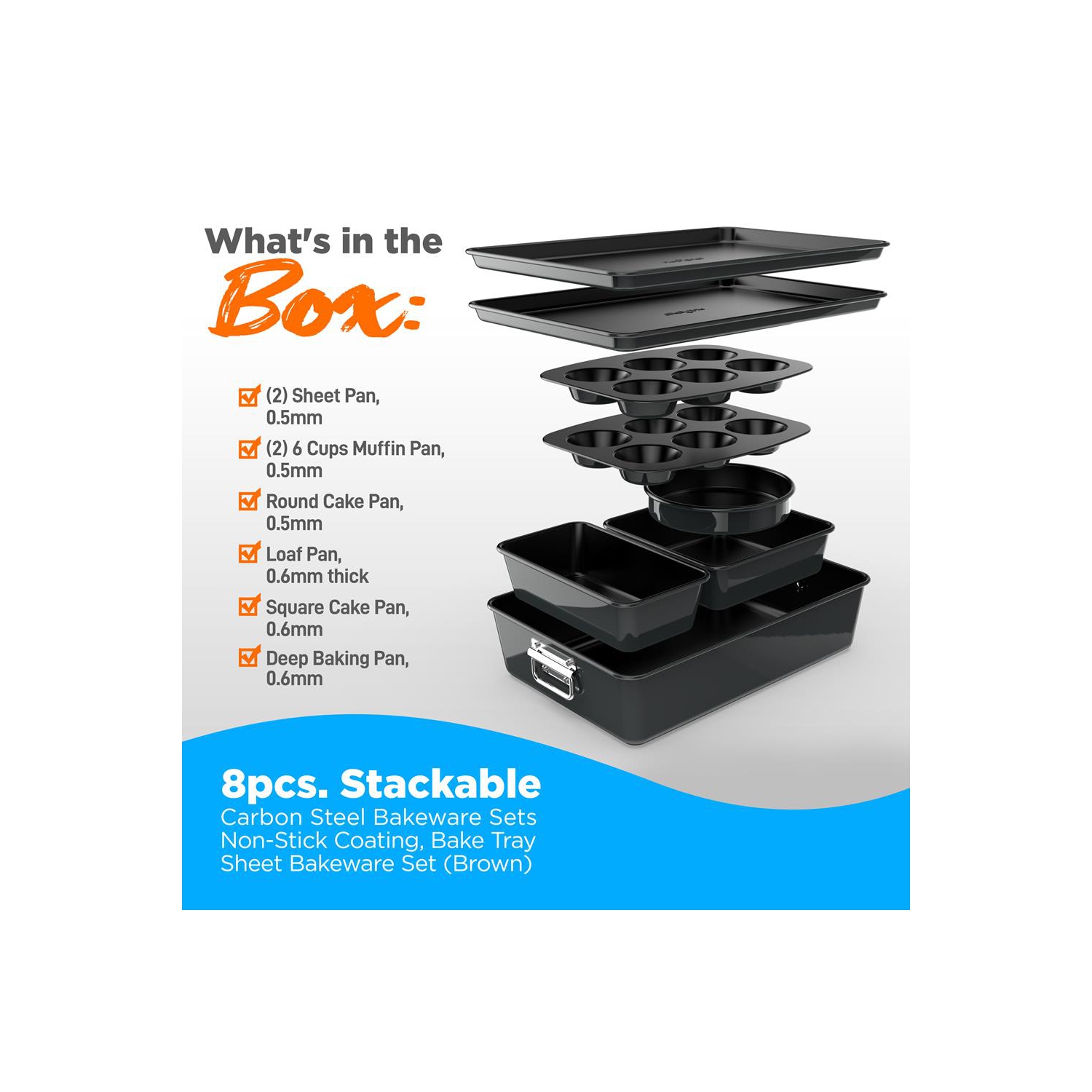 8pcs. Stackable Carbon Steel Bakeware Sets - Non-Stick Coating, Bake Tray Sheet Bakeware Set