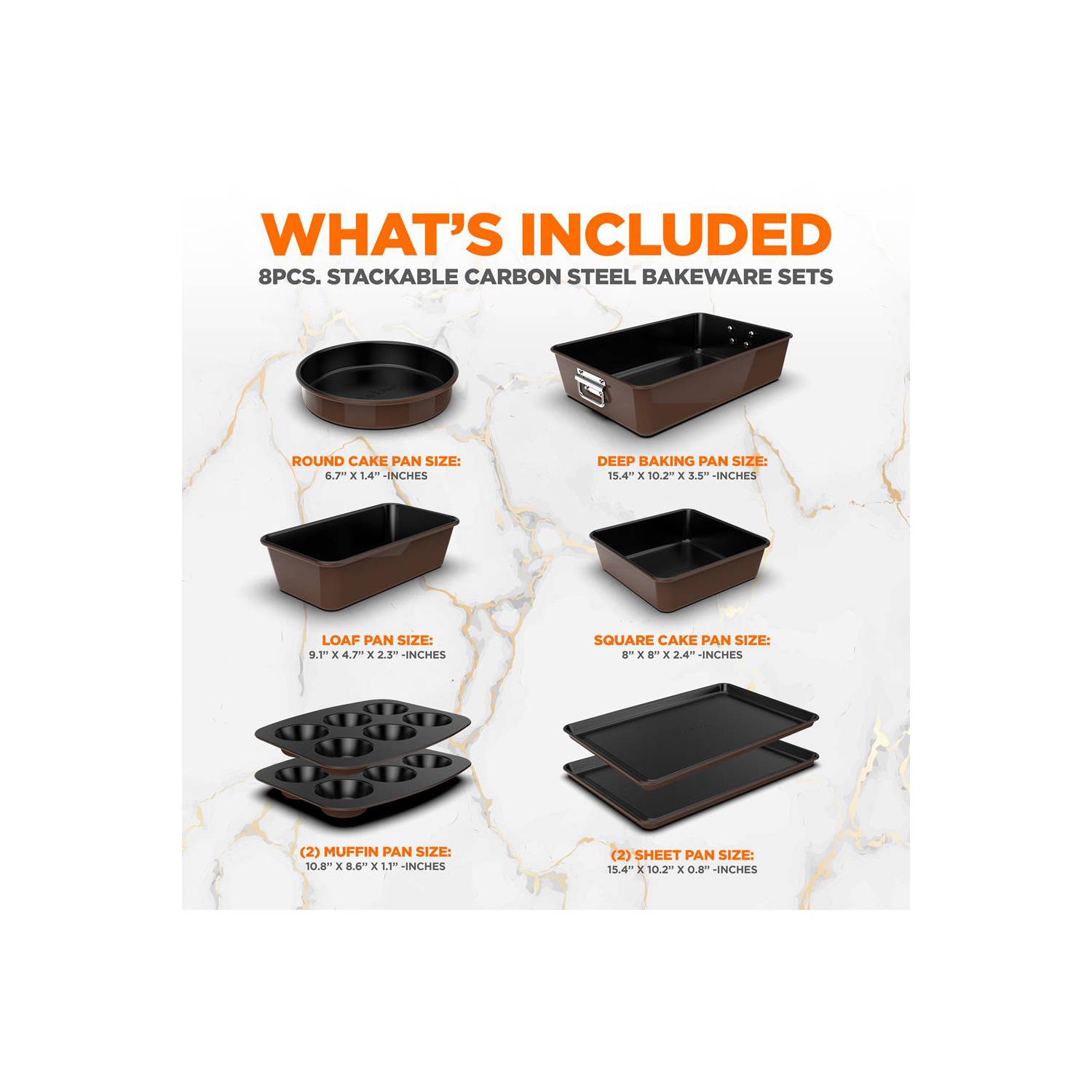 8pcs. Stackable Carbon Steel Bakeware Sets - Non-Stick Coating, Bake Tray Sheet Bakeware Set