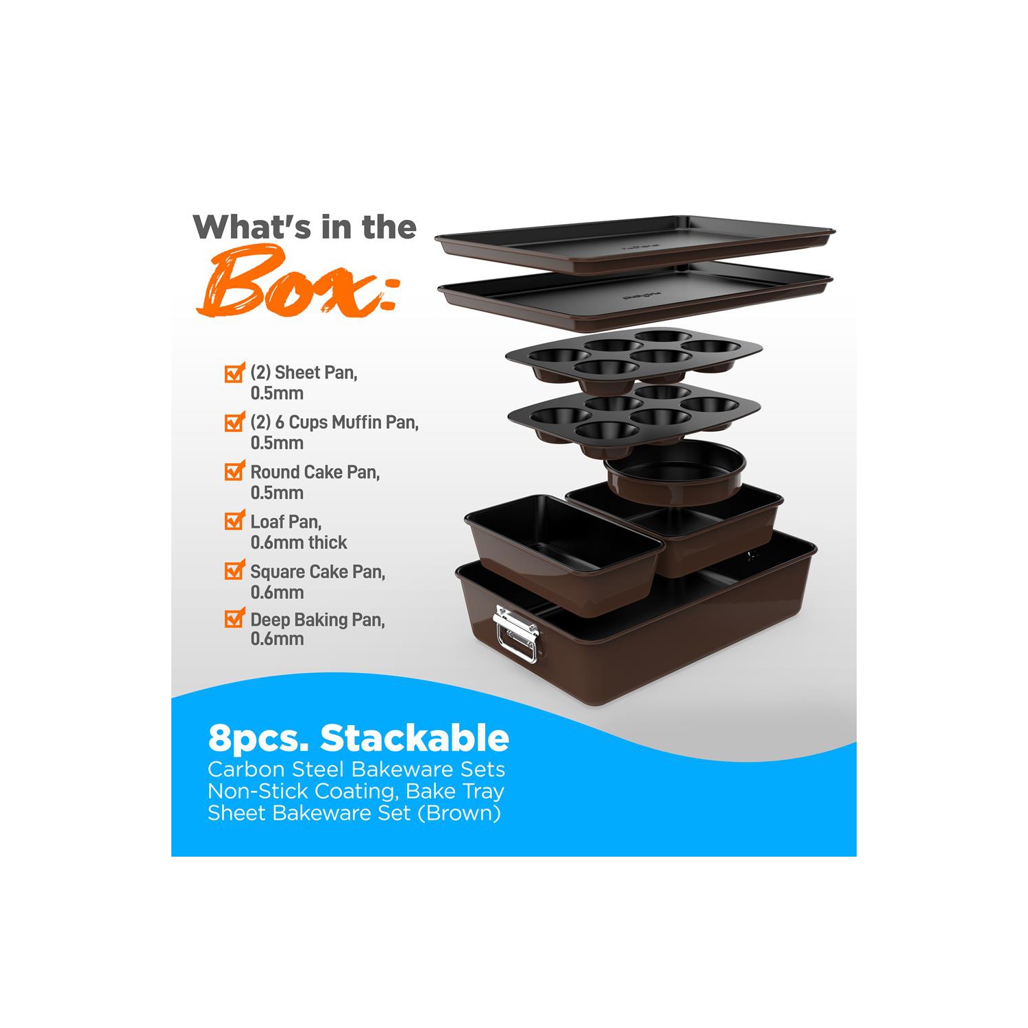8pcs. Stackable Carbon Steel Bakeware Sets - Non-Stick Coating, Bake Tray Sheet Bakeware Set