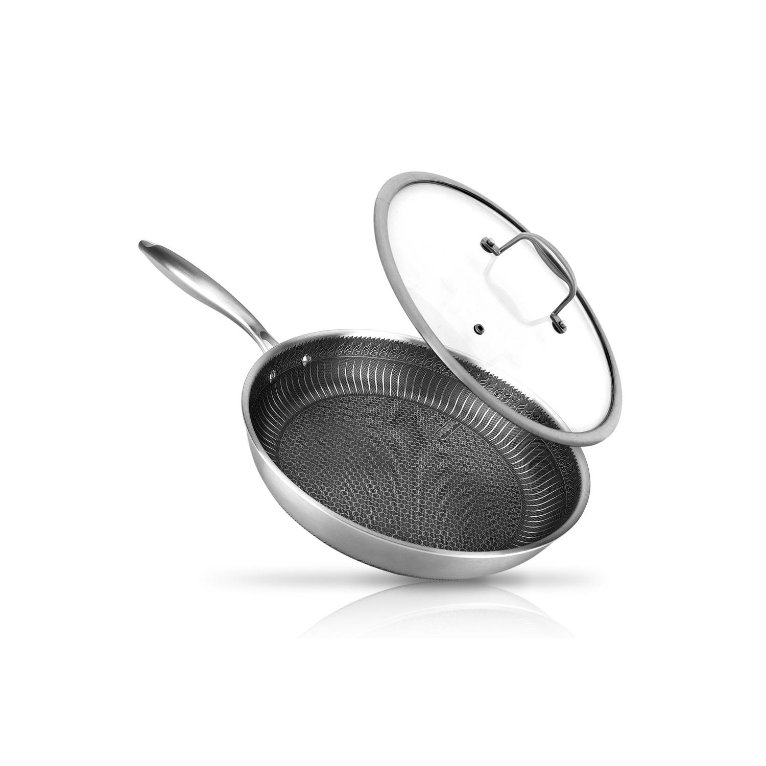 12'' Stir Fry Pan with Glass Lid - Triply Stainless Steel Cookware, DAKIN Etching Non-Stick Coating Inside and Outside