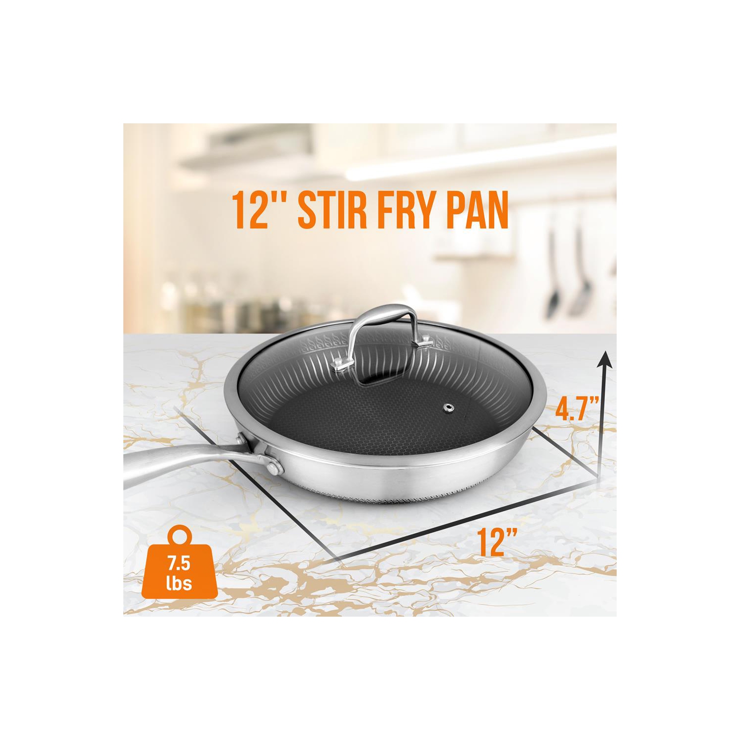 12'' Stir Fry Pan with Glass Lid - Triply Stainless Steel Cookware, DAKIN Etching Non-Stick Coating Inside and Outside