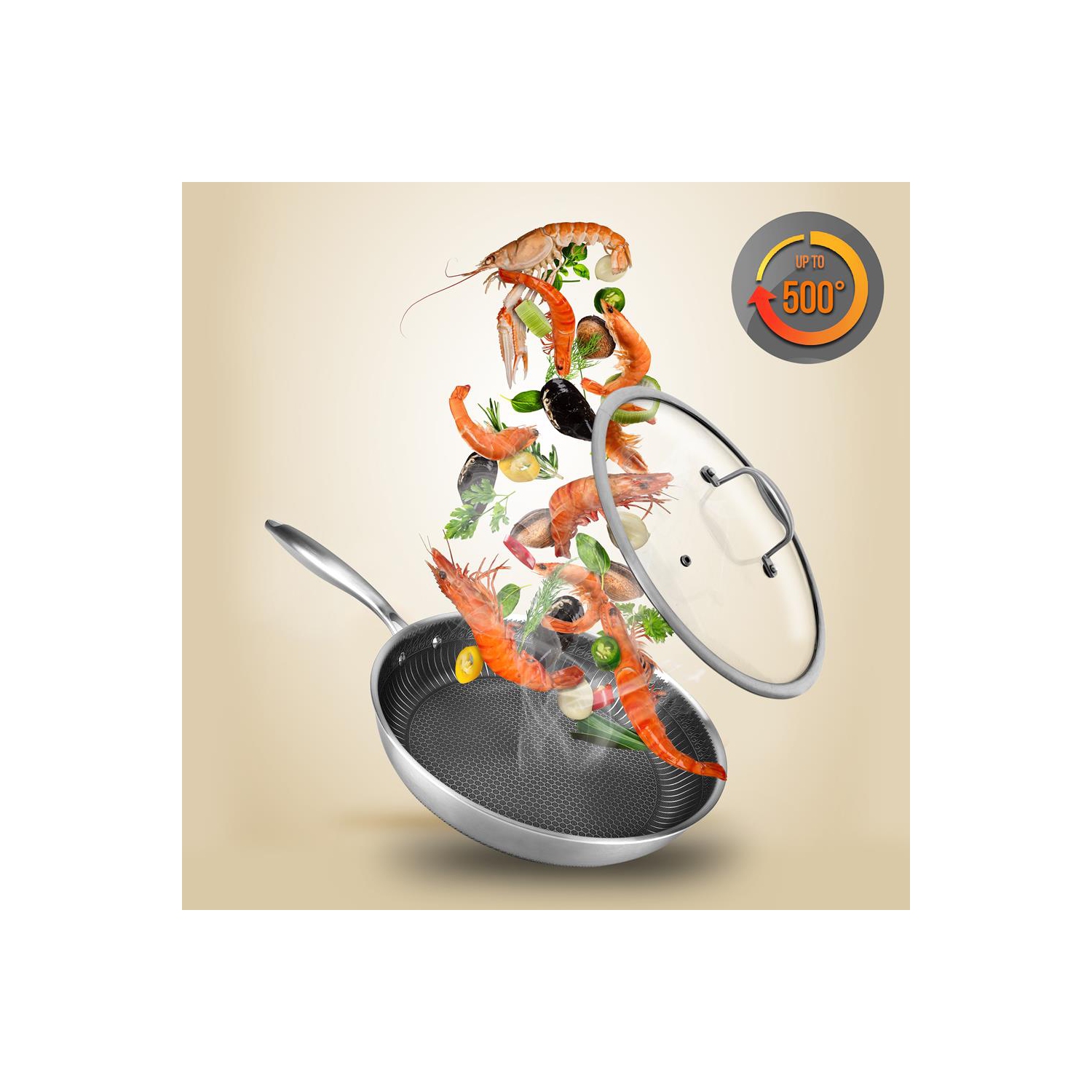 12'' Stir Fry Pan with Glass Lid - Triply Stainless Steel Cookware, DAKIN Etching Non-Stick Coating Inside and Outside