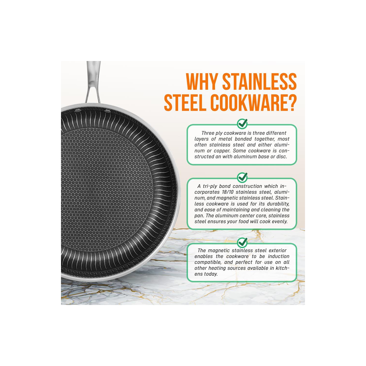 12'' Stir Fry Pan with Glass Lid - Triply Stainless Steel Cookware, DAKIN Etching Non-Stick Coating Inside and Outside