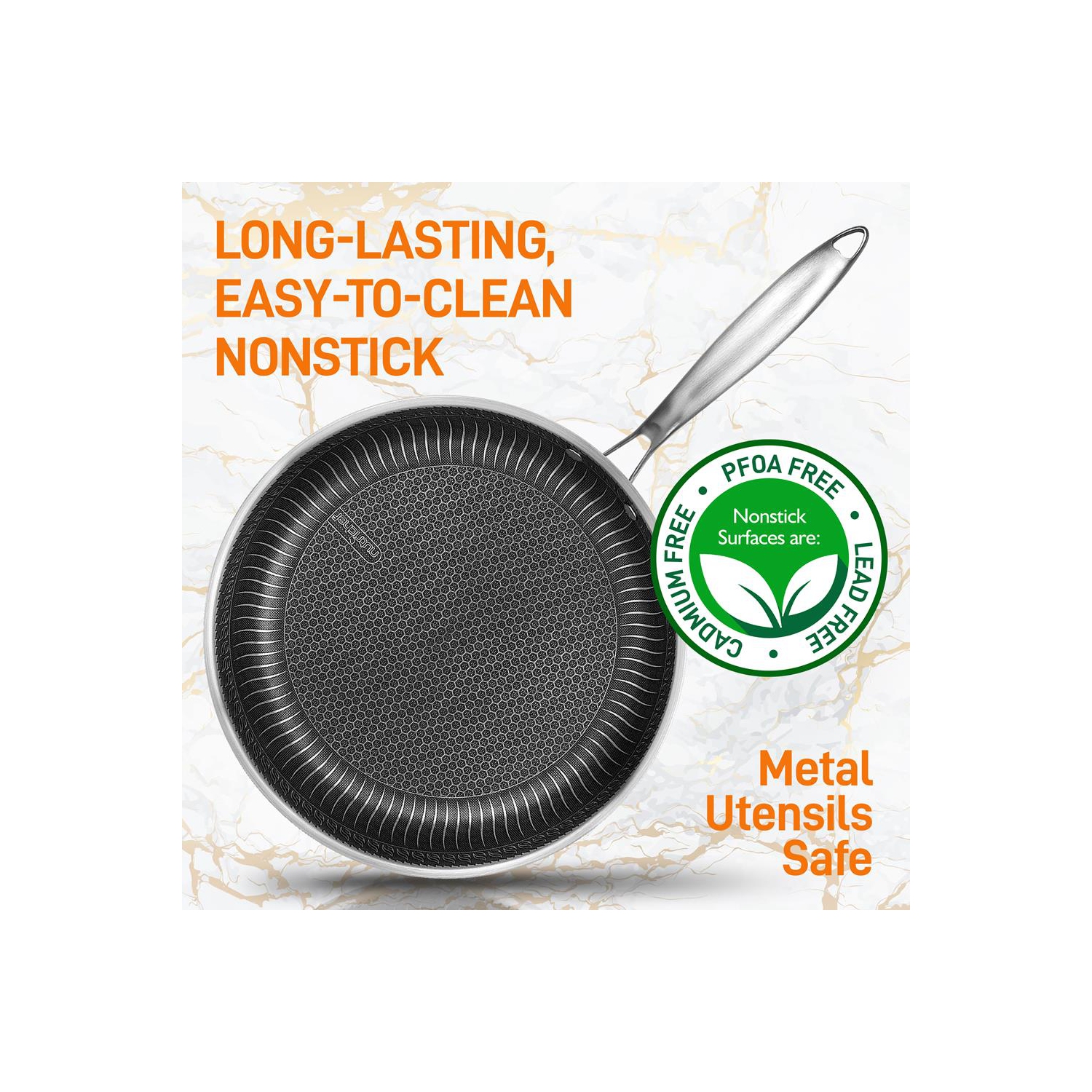 12'' Stir Fry Pan with Glass Lid - Triply Stainless Steel Cookware, DAKIN Etching Non-Stick Coating Inside and Outside