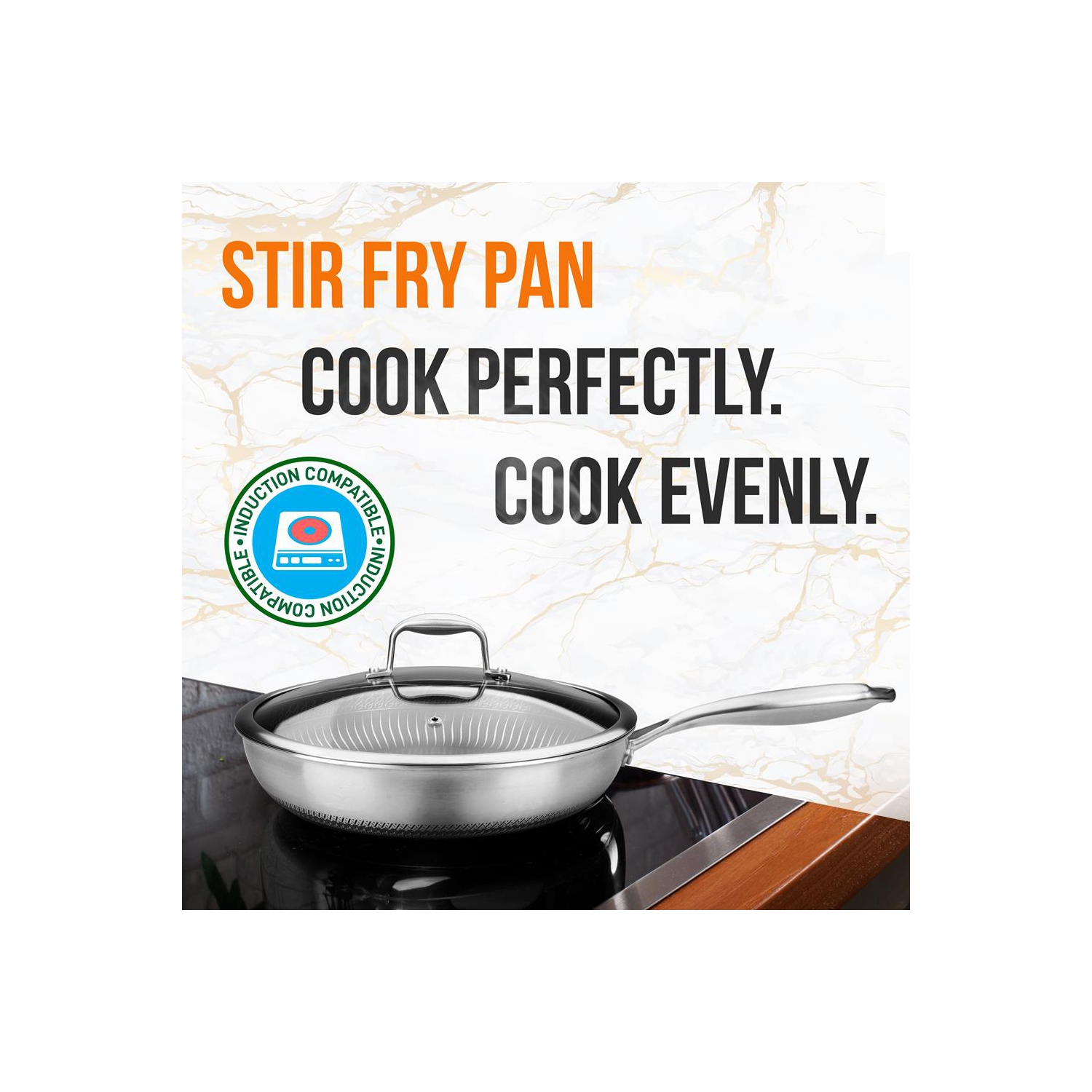 12'' Stir Fry Pan with Glass Lid - Triply Stainless Steel Cookware, DAKIN Etching Non-Stick Coating Inside and Outside