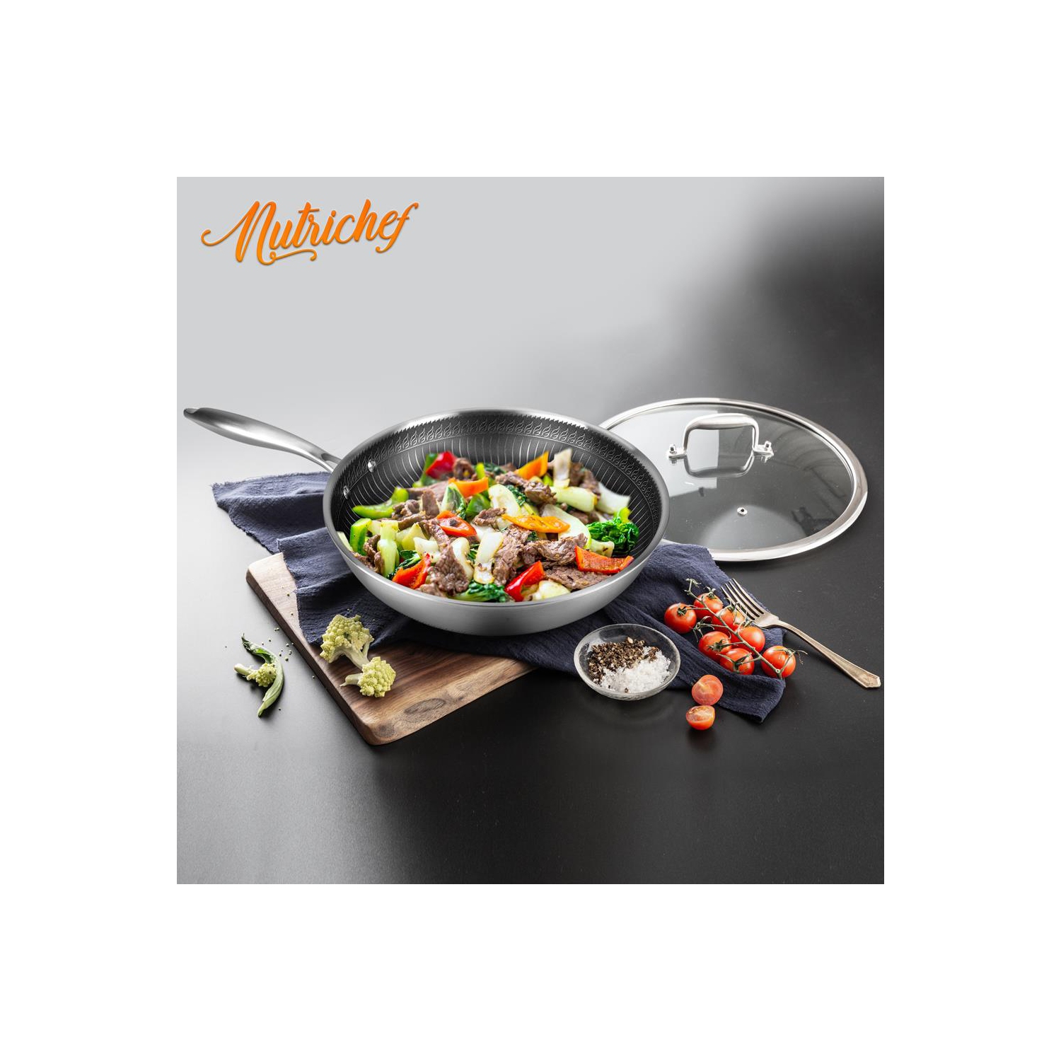 12'' Stir Fry Pan with Glass Lid - Triply Stainless Steel Cookware, DAKIN Etching Non-Stick Coating Inside and Outside