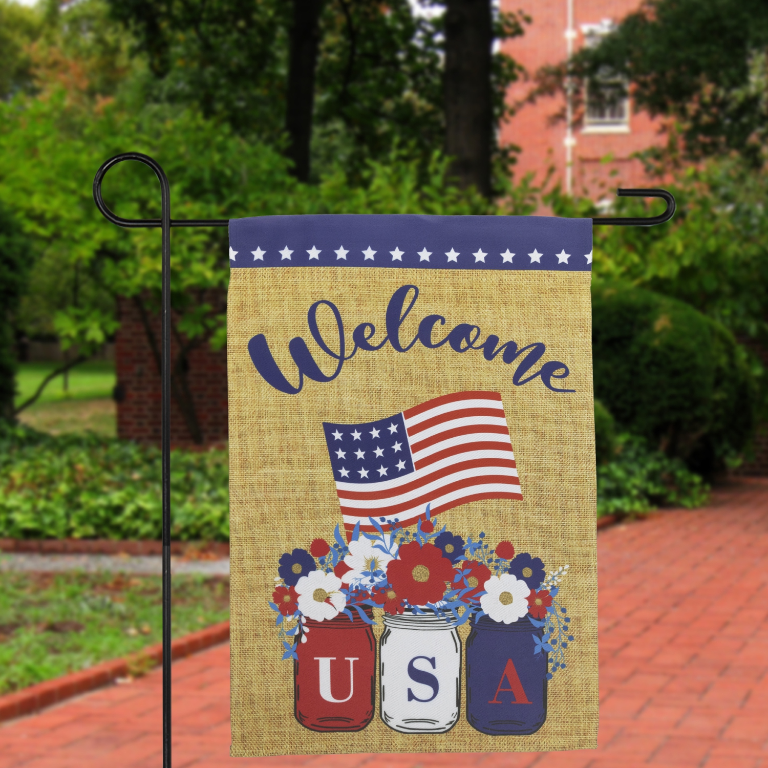 Floral Mason Jars "Welcome" USA Flag Patriotic Outdoor Garden Flag 18" x 12.5"