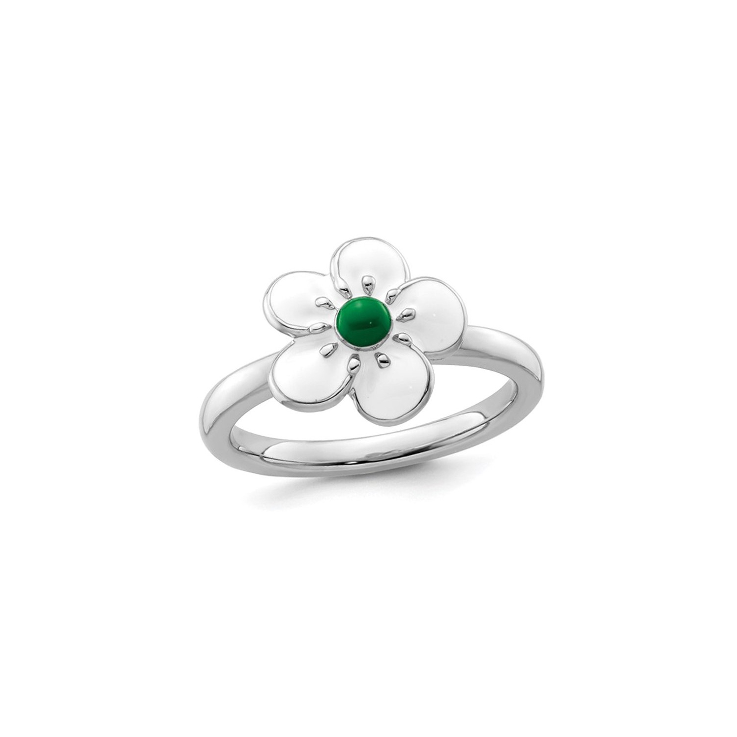 Sterling Silver Hawthorn Flower Ring with White and Green Enamel