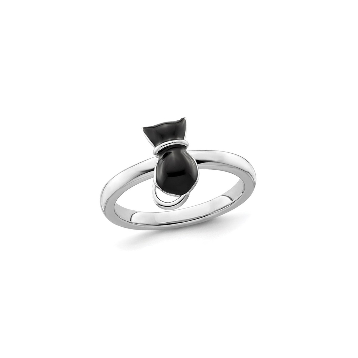 Sterling Silver Black Enameled Cat Ring