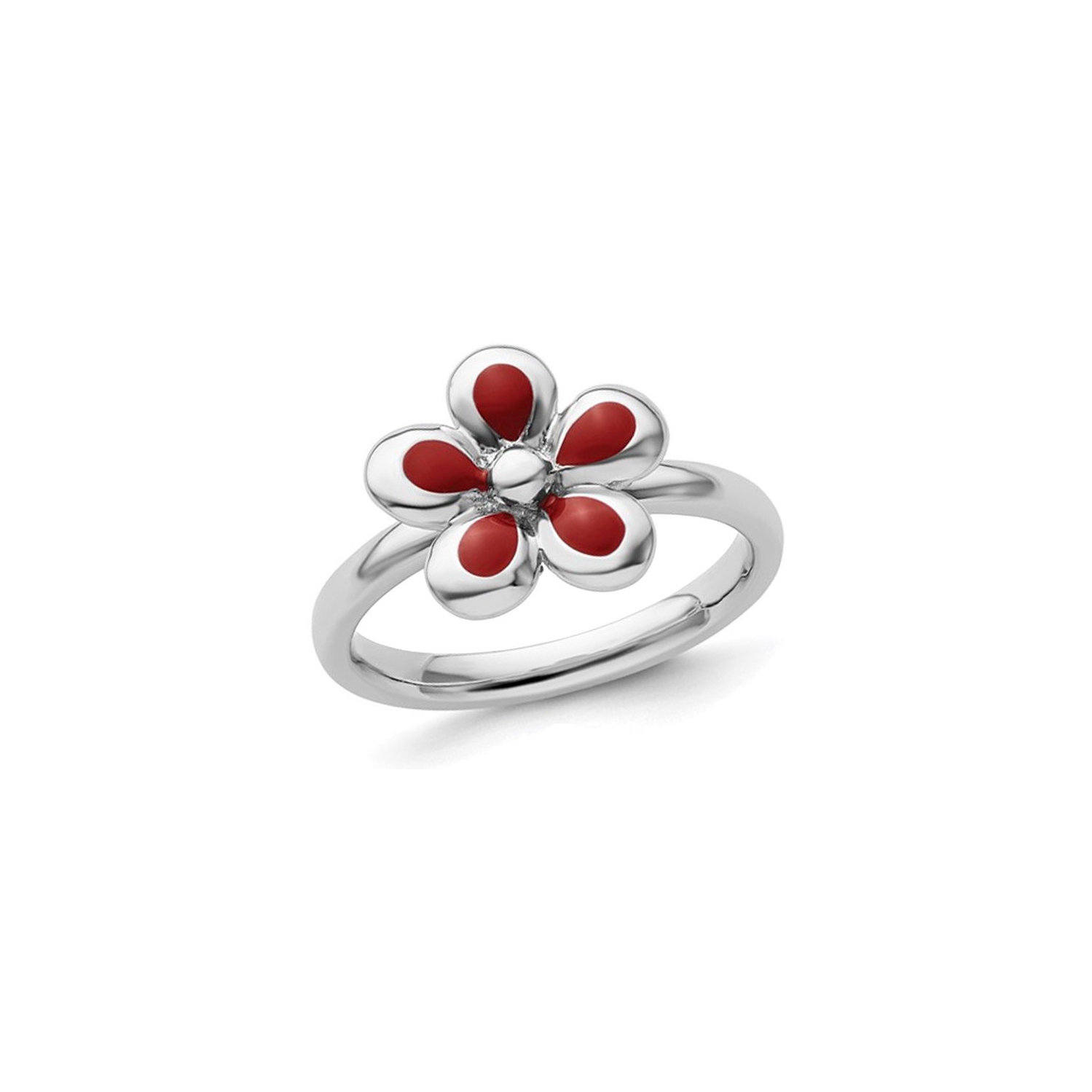 Sterling Silver Flower Ring with Red Enamel