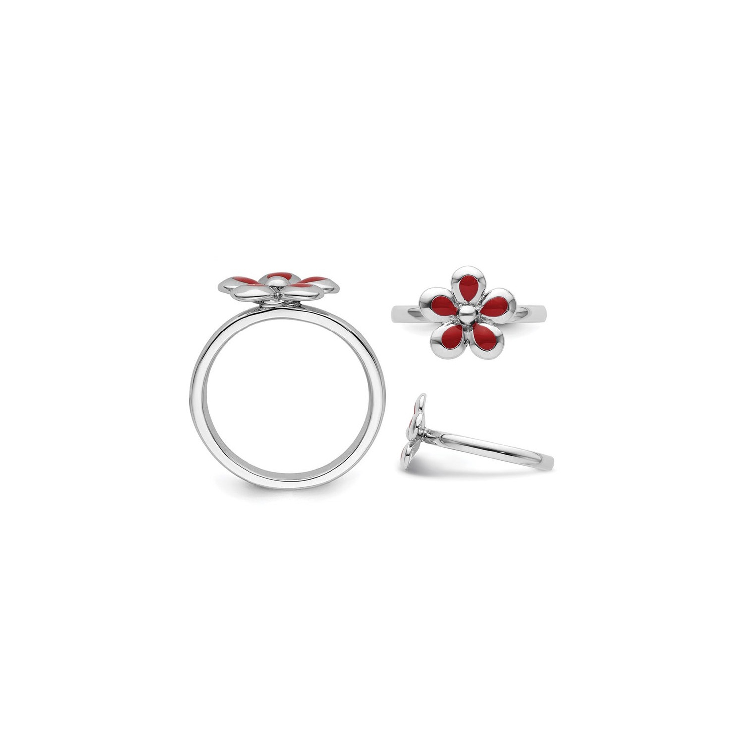Sterling Silver Flower Ring with Red Enamel