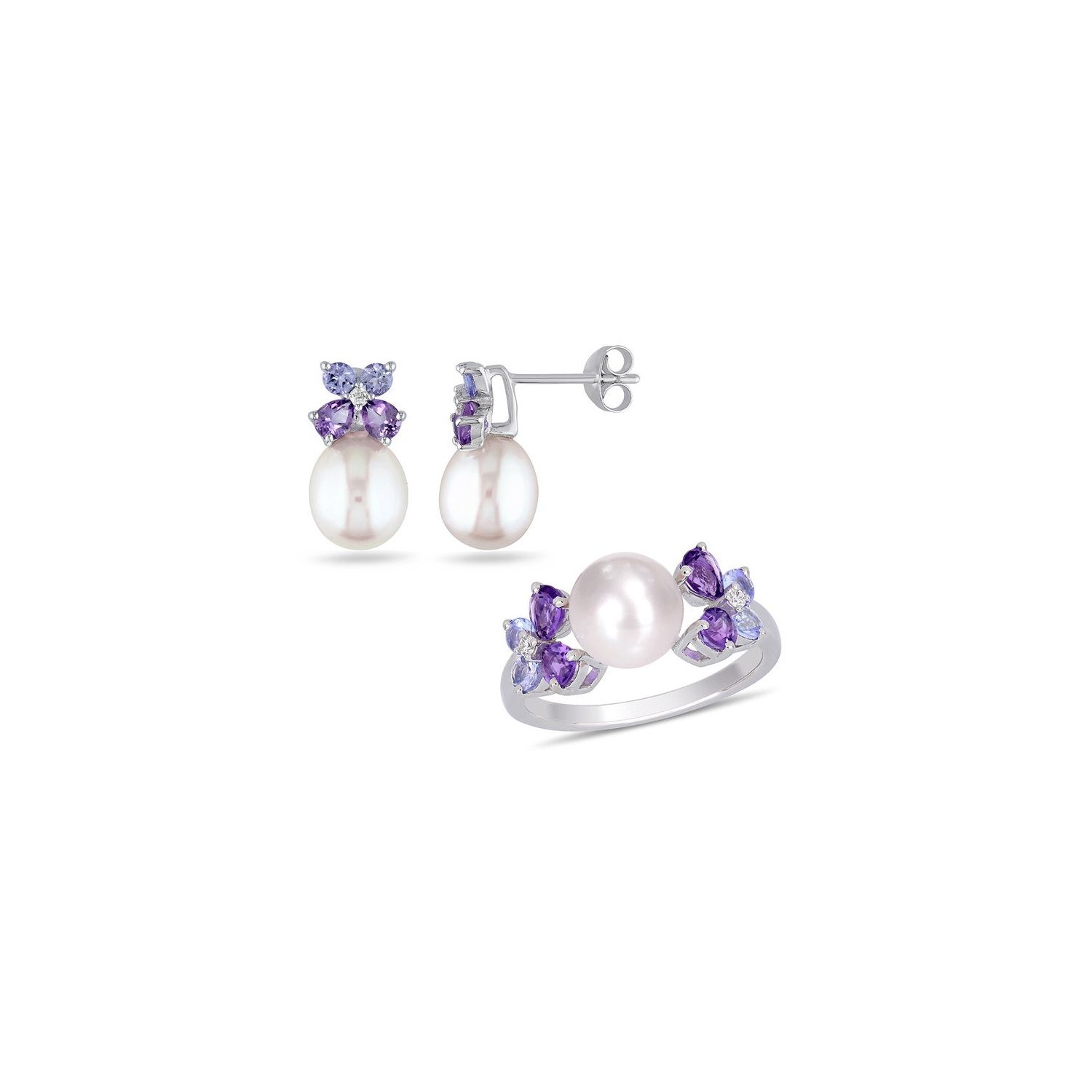 Boucles d'oreilles et bague en argent sterling, tanzanite et améthyste, perle d'eau douce de culture