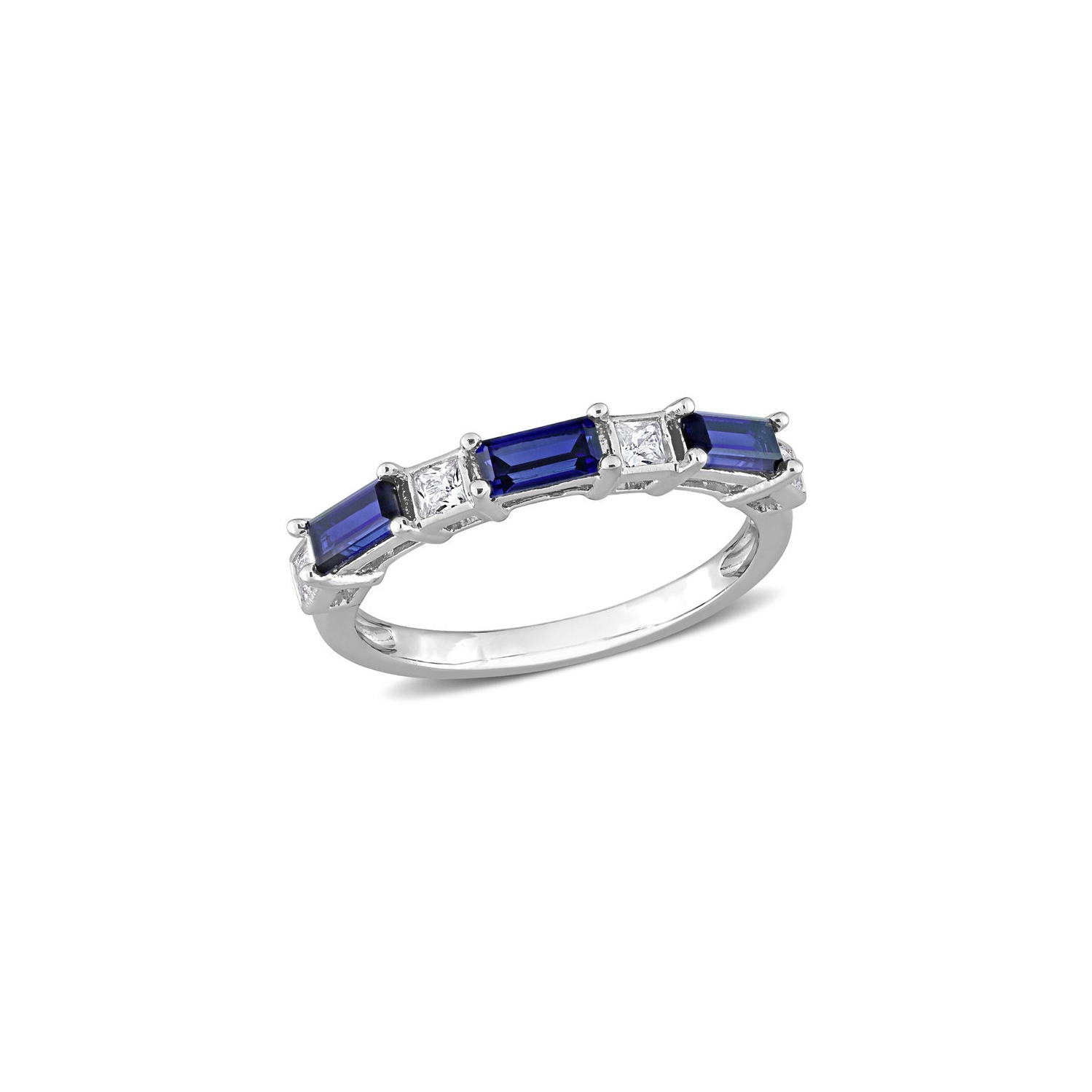 1.40 Carat Lab-Created Blue and White Sapphire Baguette Ring Band in Sterling Silver