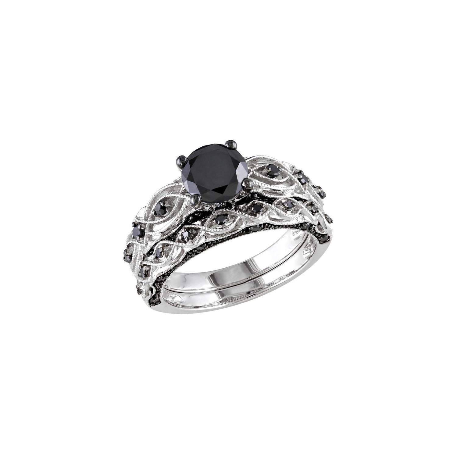 1.39 Carat Black Diamond Engagement Ring and Wedding Band Set in 10K White Gold