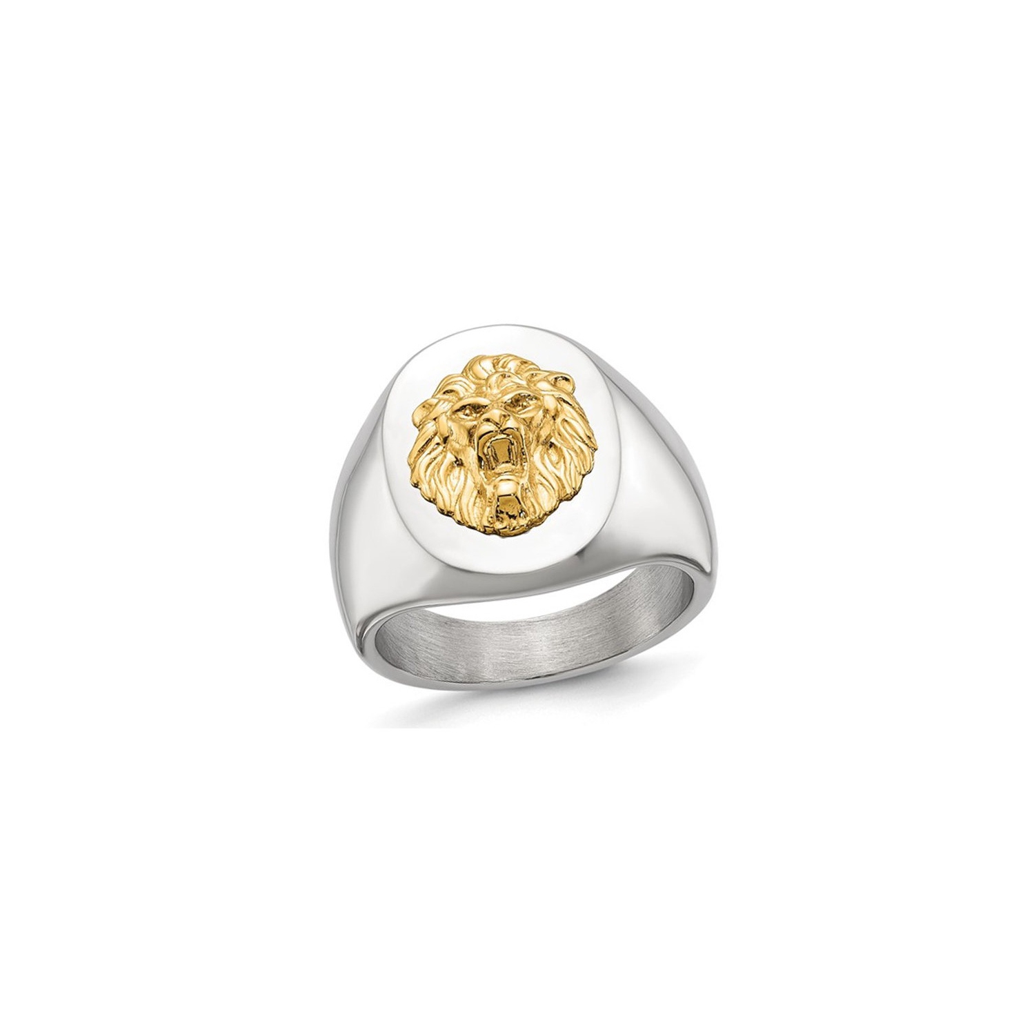 Bague homme en acier inoxydable poli, tête de lion