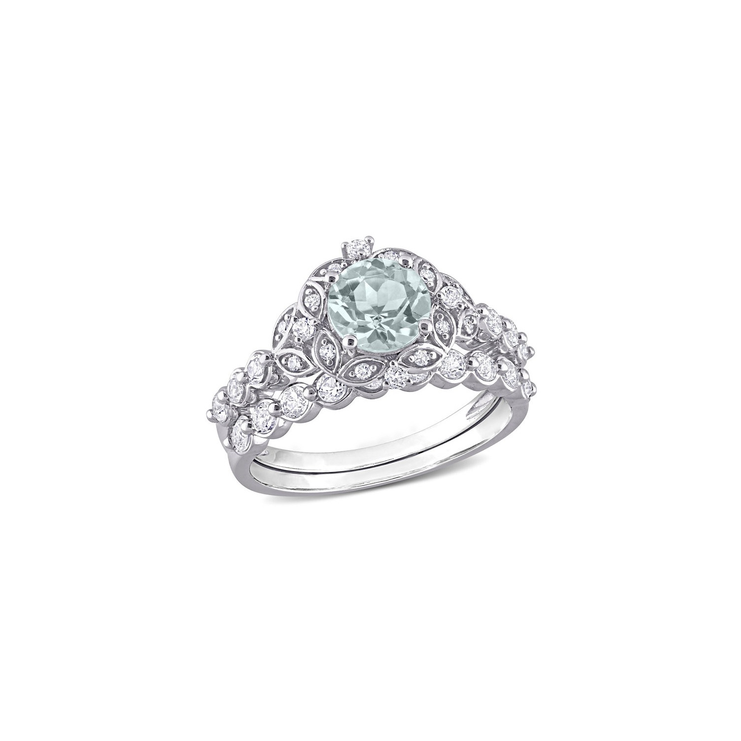 1.84 Carat Aquamarine and White Topaz Engagement Ring & Wedding Band Set with Accent Diamonds 10K White Gold