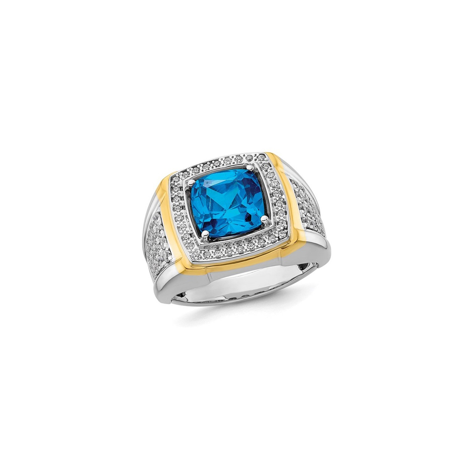 Bague homme, or blanc 14K K, 4/5&nbsp;carat, topaze bleue avec diamants synthétiques