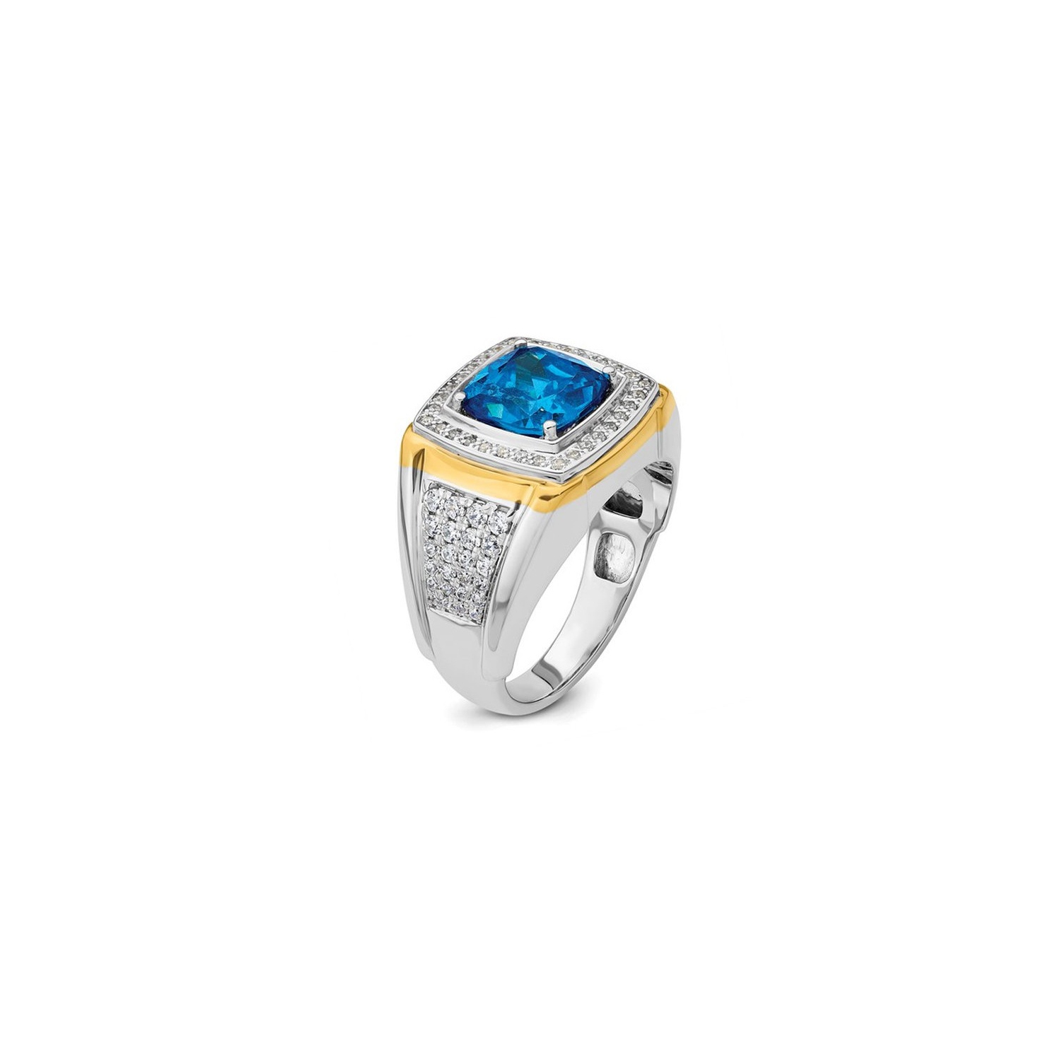 Bague homme, or blanc 14K K, 4/5&nbsp;carat, topaze bleue avec diamants synthétiques