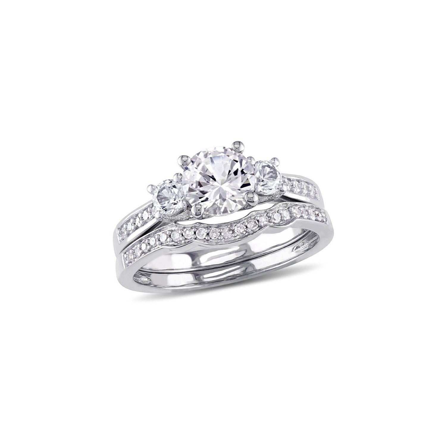 1 1/3 Carat Lab-Created White Sapphire with Diamond Bridal Wedding Set Engagement Ring in 10K White Gold