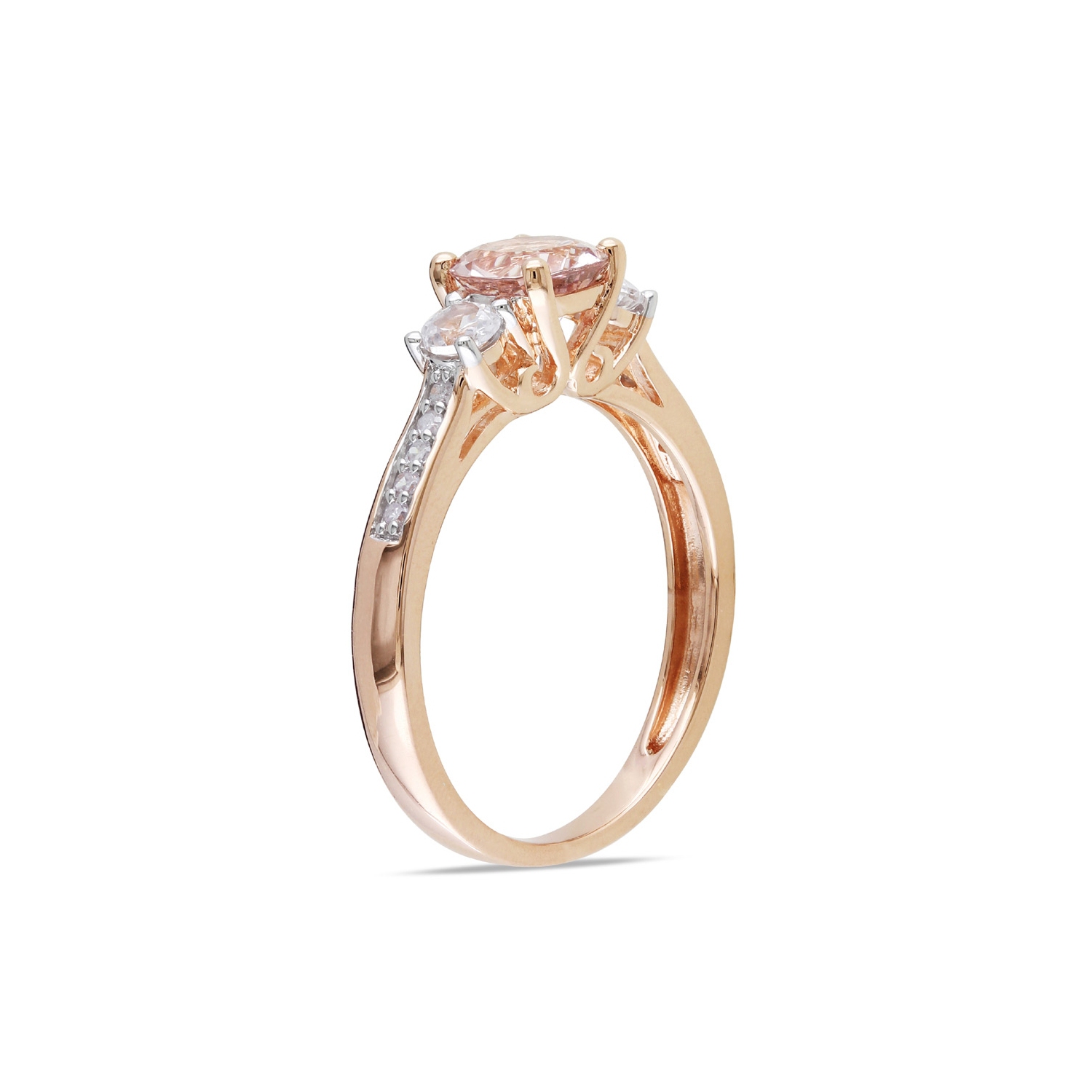 Bague en or rose 10K ct à trois pierres avec morganite 1,20&nbsp;carat et saphir blanc synthétique en laboratoire et diamants