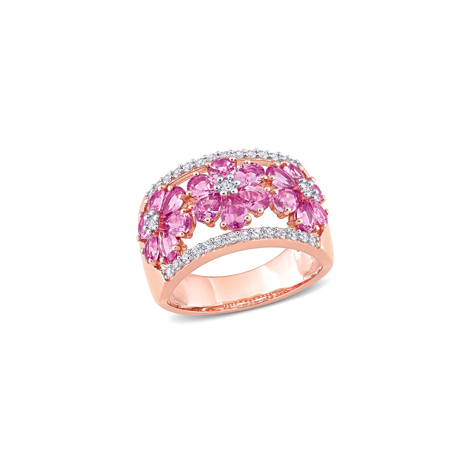 3.92 Carat Pink and White Sapphire Flower Band Ring in 14K Rose Pink Gold